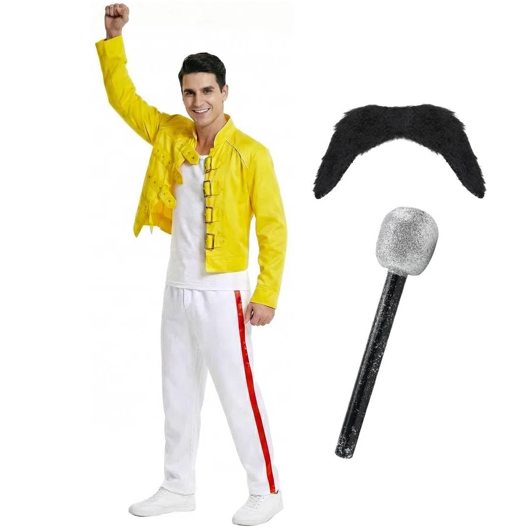 Costume rétro des années 80 Rock Queen Tash and Mic – Déguisement rétro des années 1980 pour homme – Costume d'Halloween pour fête musicale, festival, spectacle de scène, style légendaire