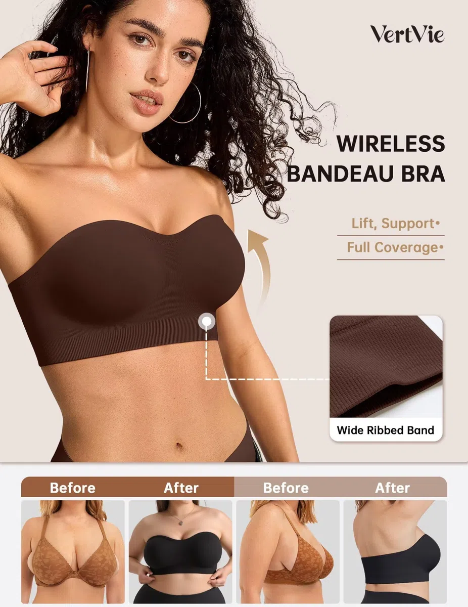 Vertvie Soutien-gorge sans bretelles pour femme - Antidérapant - Push Up - Sans fil - Confortable - Soutien-gorge rembourré de soutien