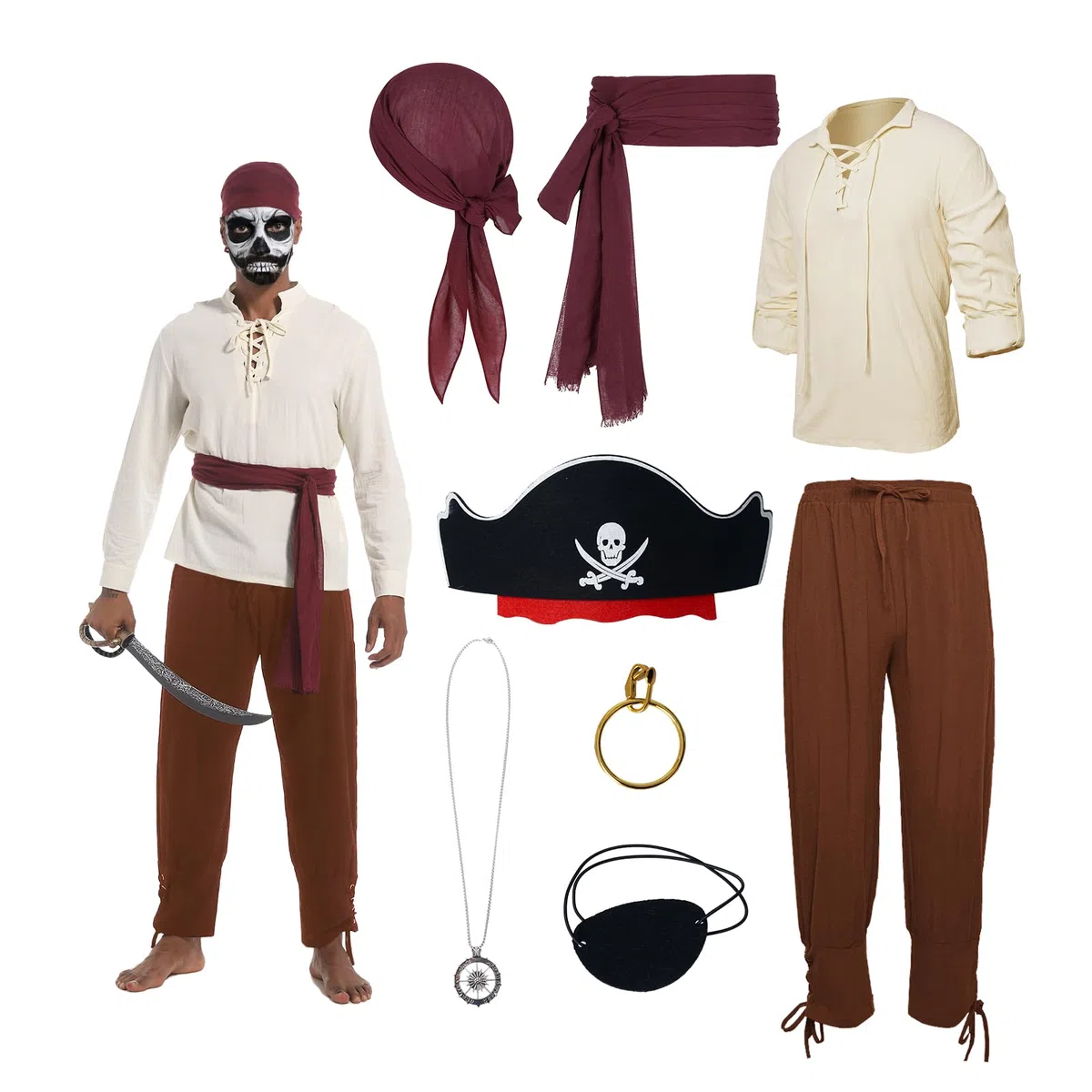 Costume de pirate pour homme, vêtements médiévaux, chemise médiévale, pantalon, bandana, ceinture, cache-œil, collier, boucles d'oreilles, pour Halloween, carnaval