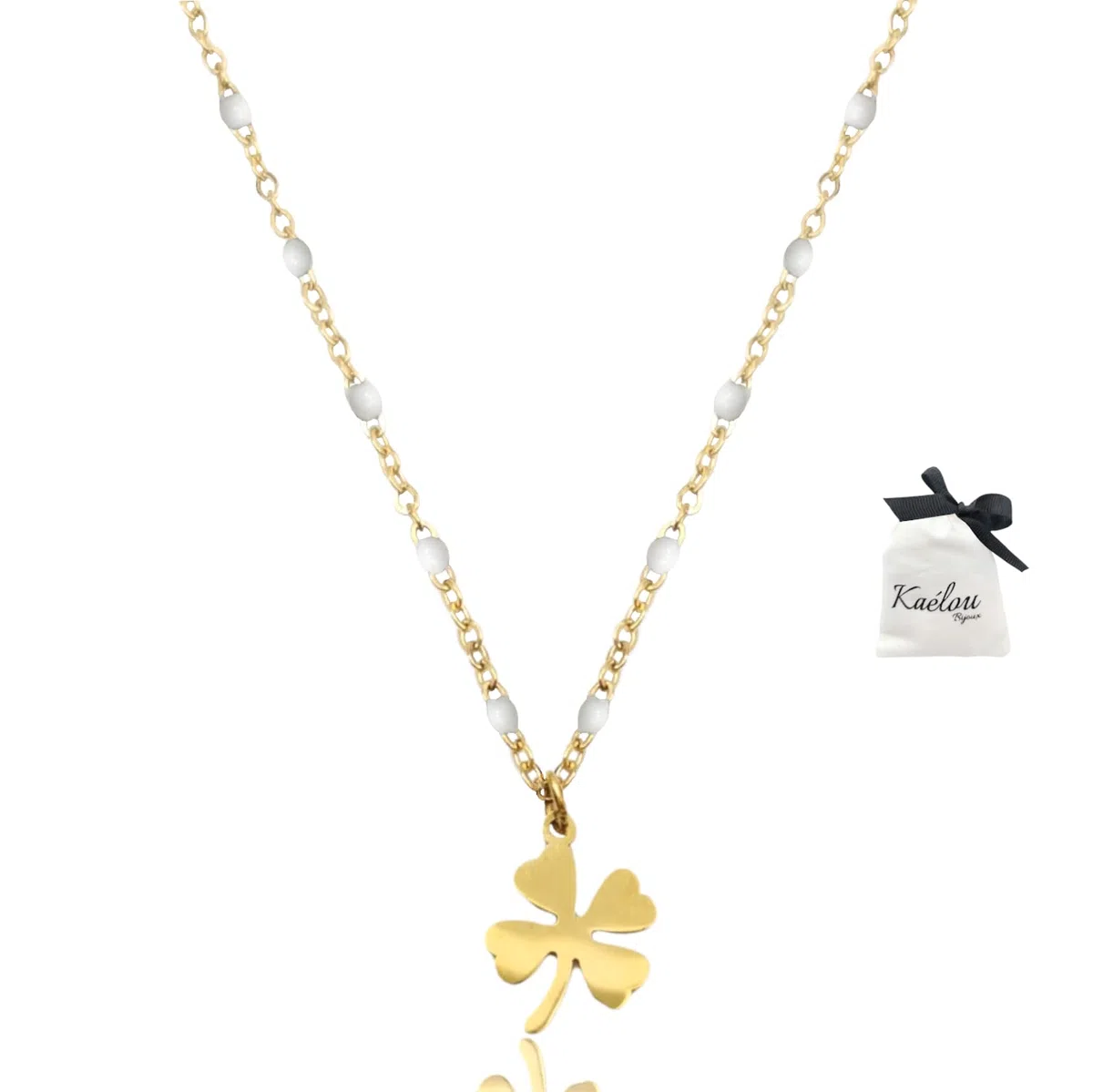 Collier Femme Pendentif Trèfle Chaîne en Acier Inoxydable Doré Or Artisanal Perles Porte Bonheur Fait Main Trèfle à 4 Feuilles Anniversaire Noel Saint Valentin Fête Mères Hypoallergénique