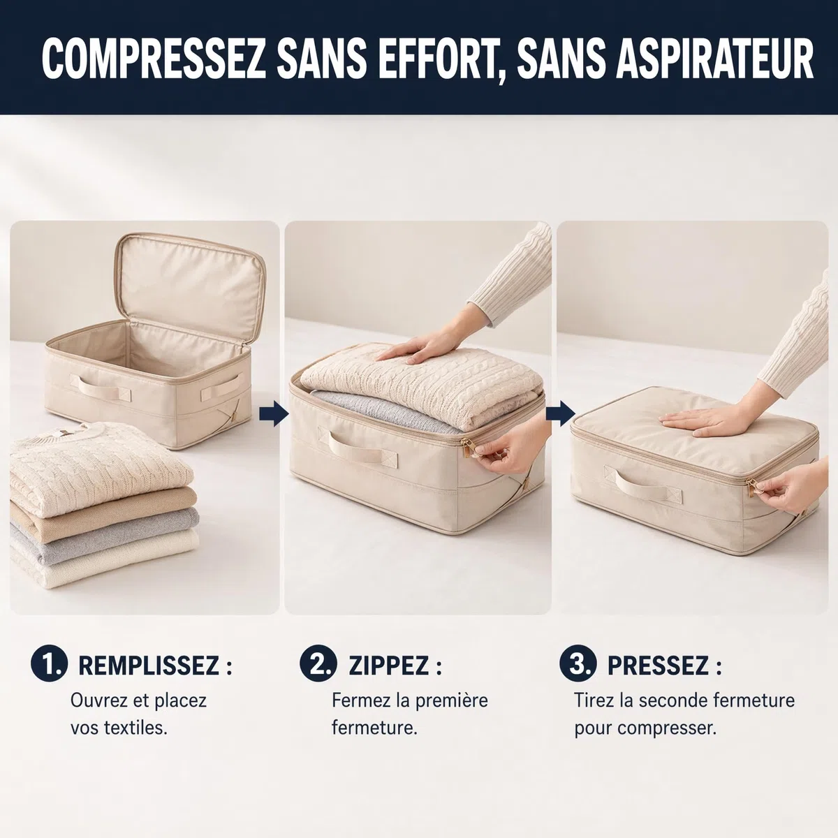 Sac de Compression Ultime sans Aspirateur, Gain de Place pour la Maison, Résistant à l’Humidité, Sac de Rangement sous Vide pour Couettes, Vêtements (BEIGE,SET-2)