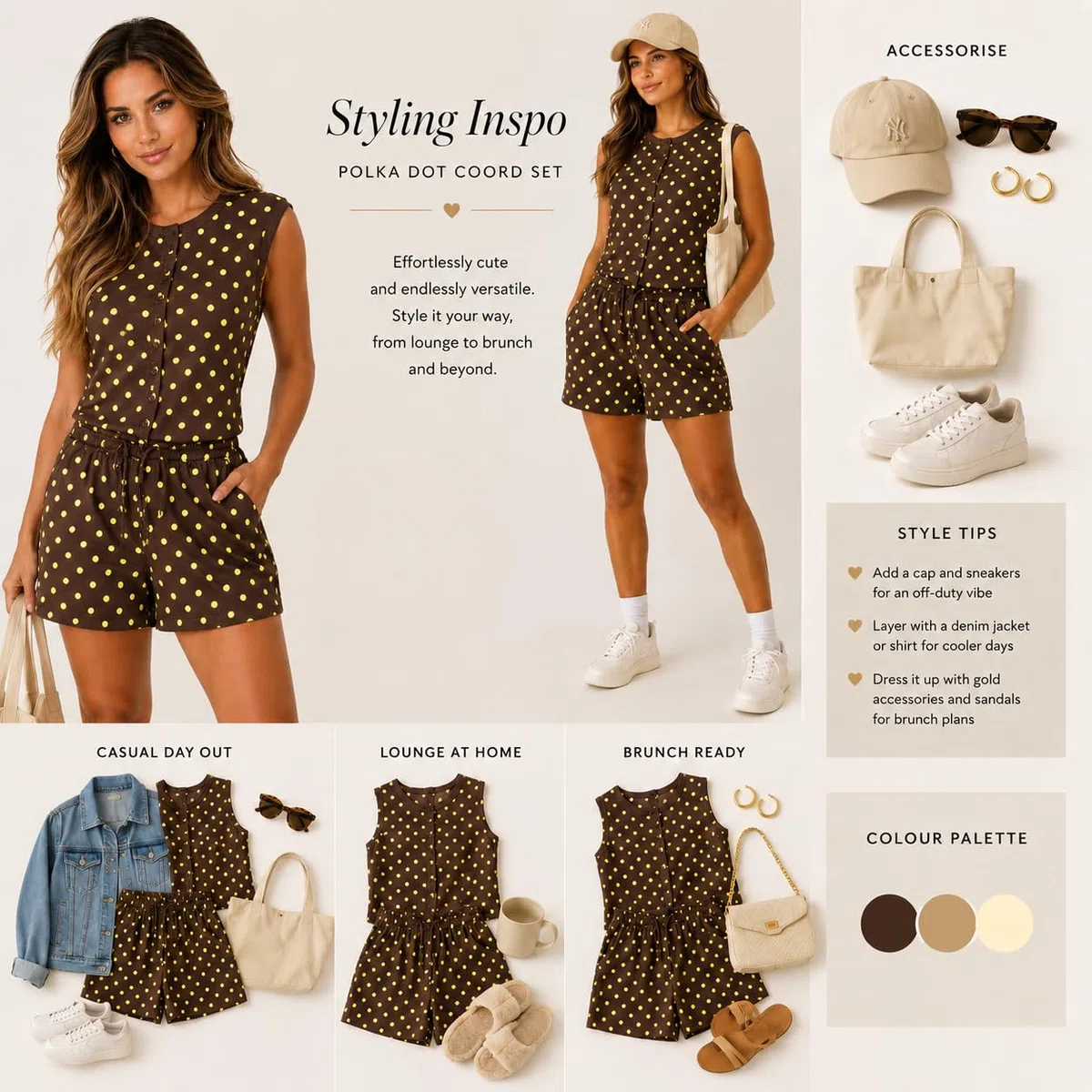 Summer Coord Ensemble deux pièces pour femme – Haut boutonné à pois avec cordon de serrage réglable – Pyjama pour femme – Short et haut – Vêtements d'été
