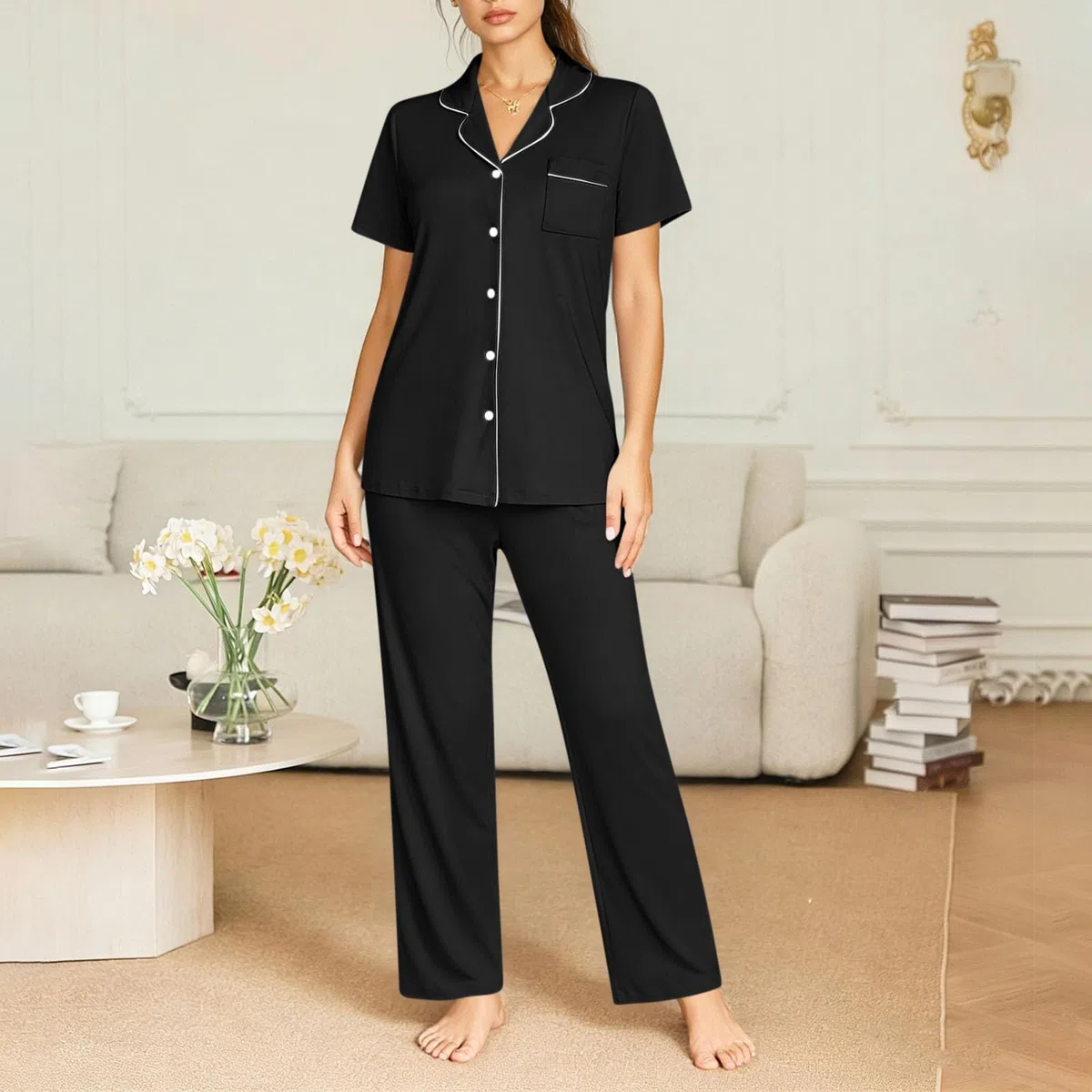 Pyjama Femme Ete 2 Pièce Vêtement D'Intérieur à Manches Courtes
