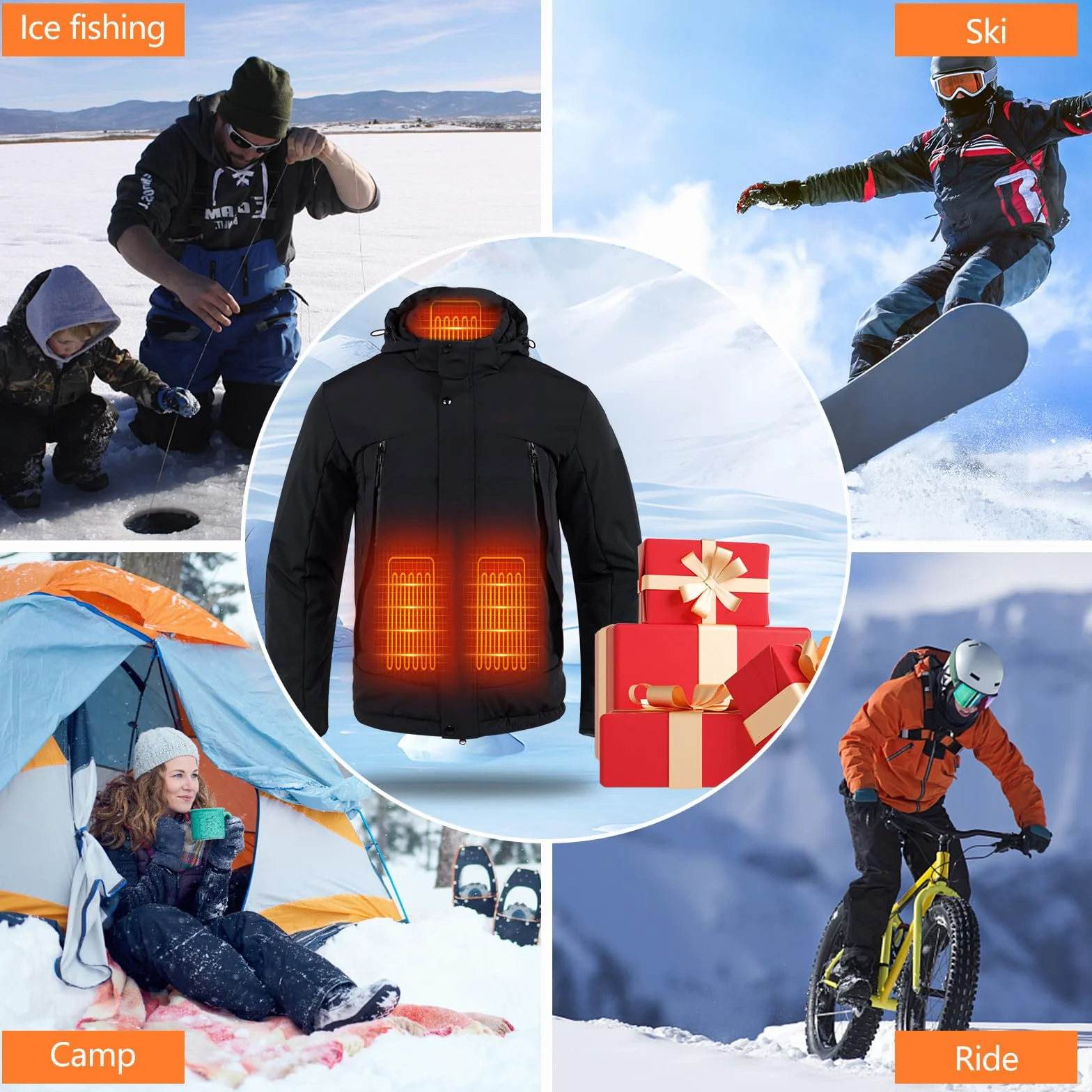 Veste Chauffante Homme, 18400 mAh Batterie Veste Chauffante électrique Veste Chauffant USB Vêtements Chauffant électrique avec YKK Fermeture à glissière pour Ski Pêche Randonnée Moto, L