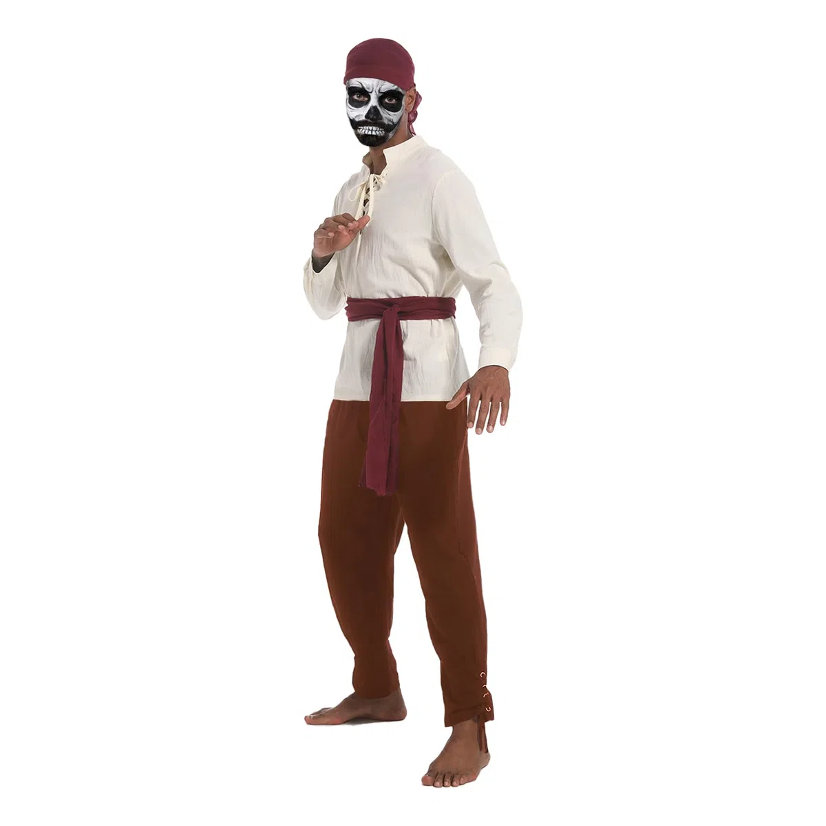 Costume de pirate pour homme, vêtements médiévaux, chemise médiévale, pantalon, bandana, ceinture, cache-œil, collier, boucles d'oreilles, pour Halloween, carnaval