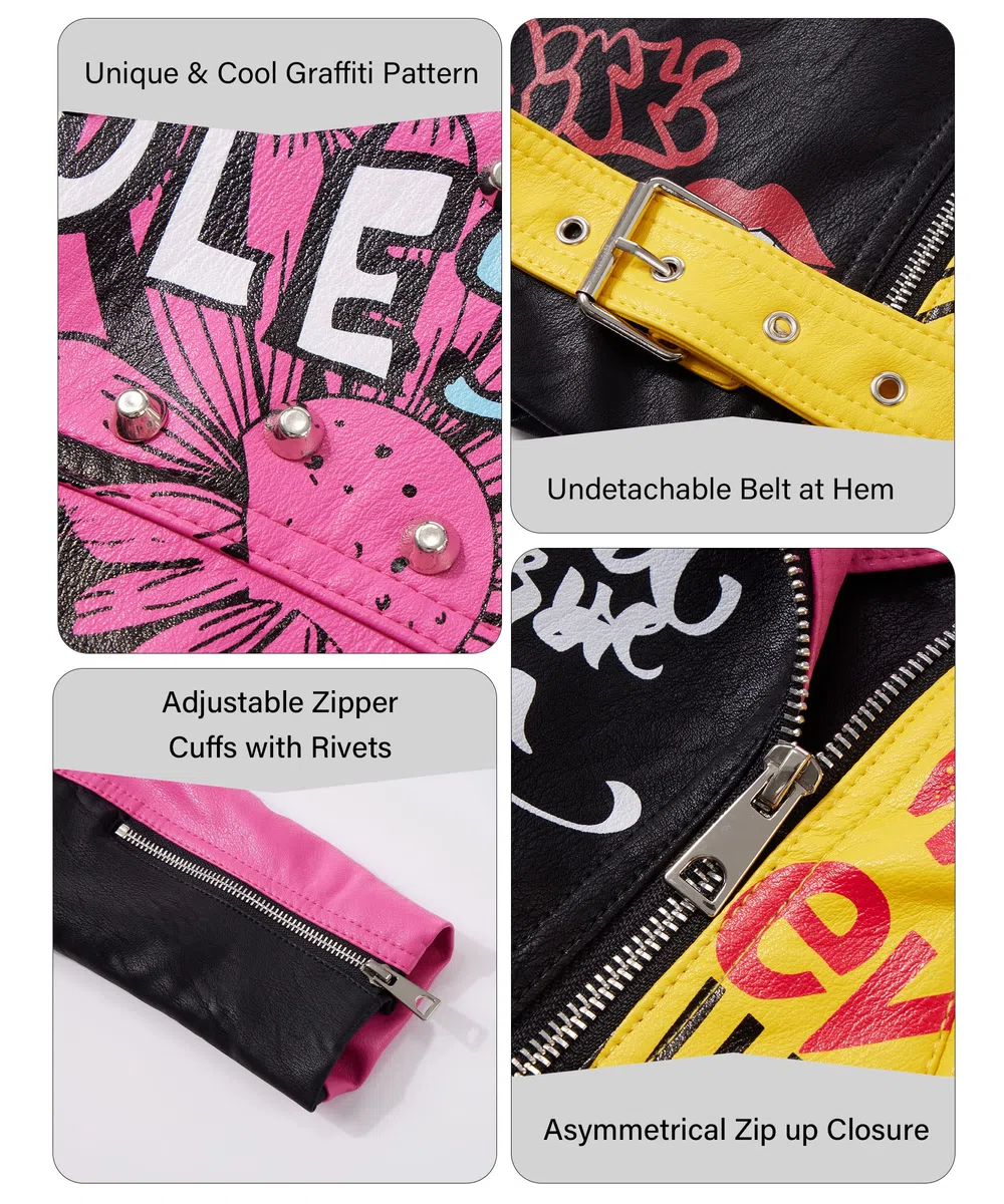 RISISSIDA Veste de moto streetwear tendance en cuir synthétique clouté avec ceinture Printemps, automne, hiver Pour femme