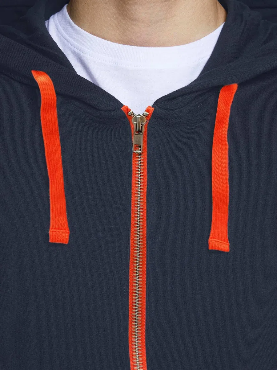 JACK & JONES Sweat à Capuche zippé JJEHOLMEN pour Homme, Bleu (Navy Blazer - Shocking Orange/Reg Fit), M
