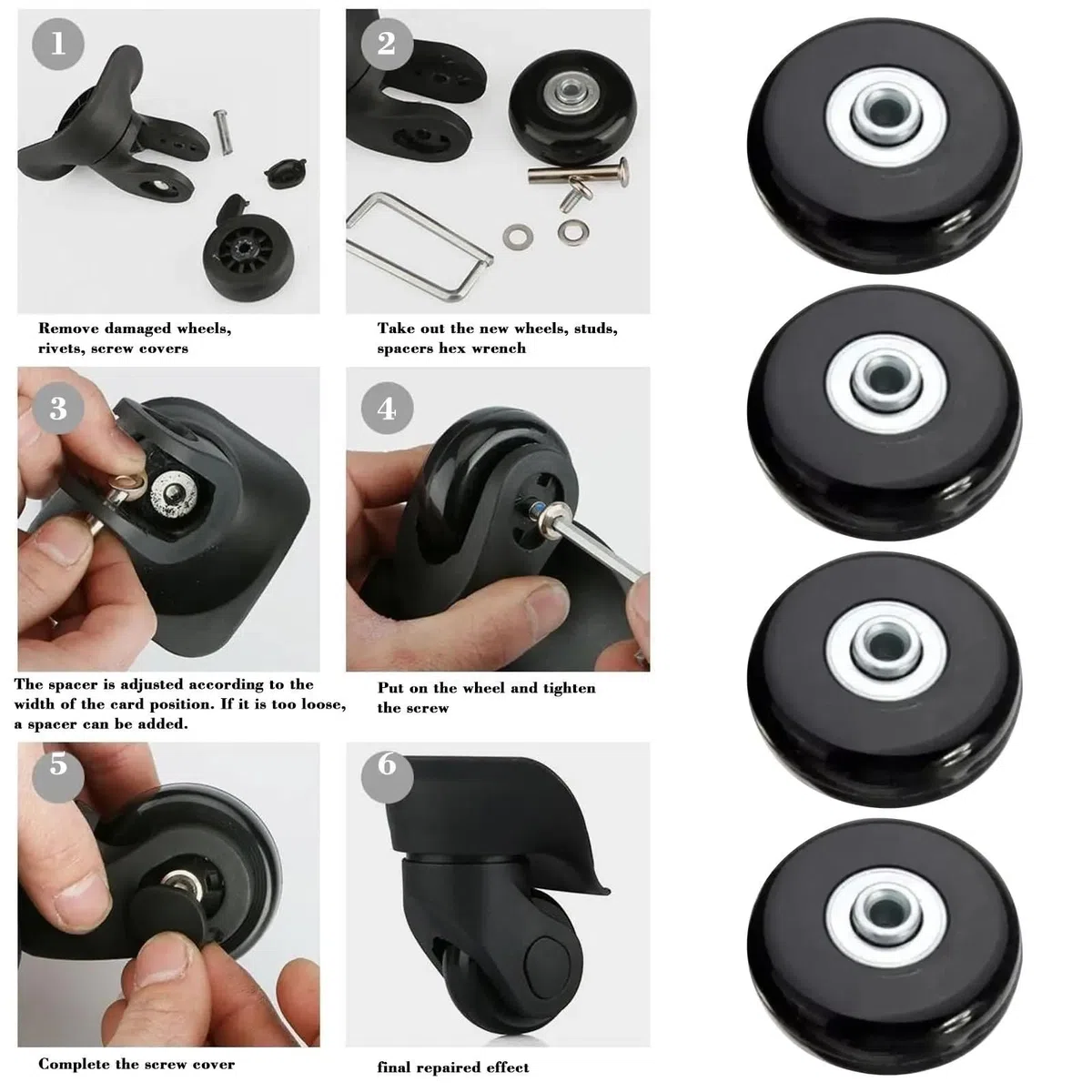 Roue de Valise Pièces Détachées for Valises : Essieux De Diamètre 40 mm/50 mm/60 mm, roulettes Voyage Silencieuses, Kit Réparation(45mm-18mm-4Wheels)