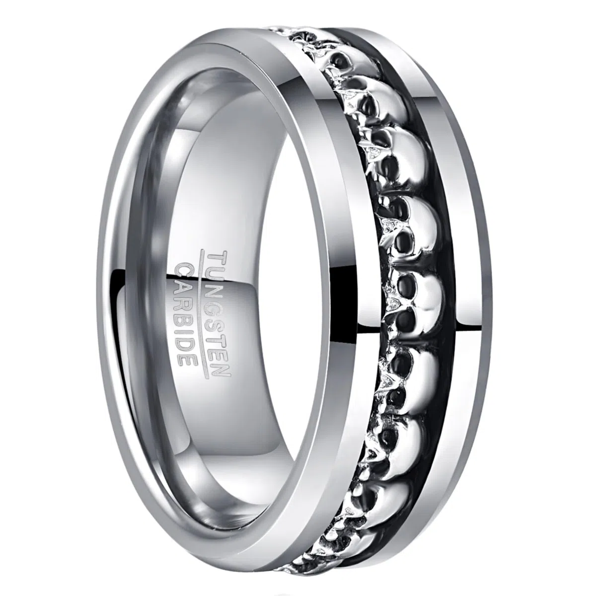 NUNCAD Bague Homme en Argent 925 et Carbure de Tungstène, Anneau Gothique à Tête de Mort, Noir/Argenté, 8 mm, Bijou Élégant, Cadeau pour Lui