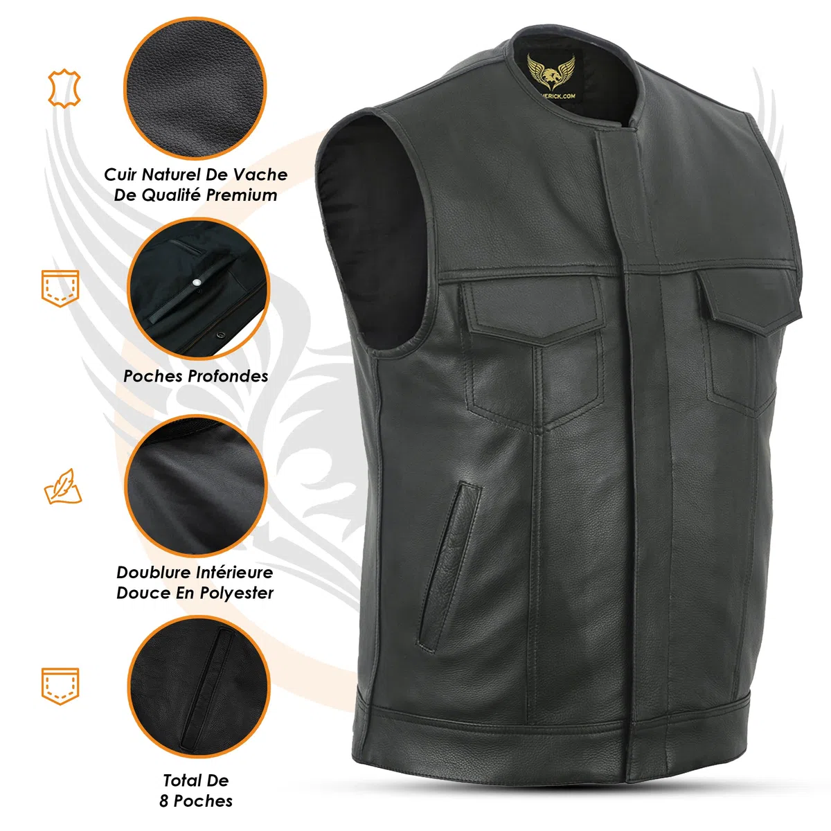 Leatherick Gilet de motard en cuir véritable noir sans col Anarchy Club pour homme de