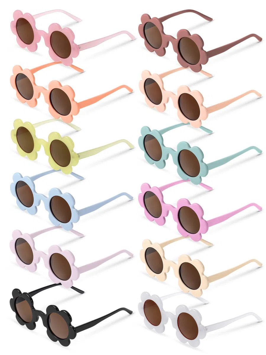 Kanayu Lot de 12 paires de lunettes de soleil d'été pour adultes - 13,7 cm - Protection UV - Motif floral coloré - Cadeau de fête