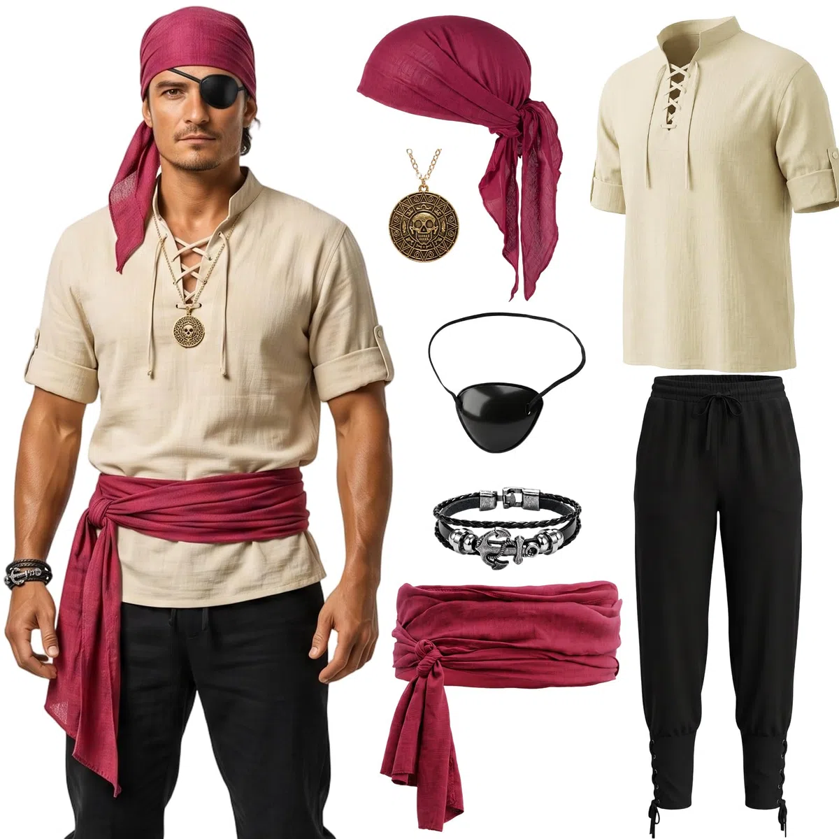 Costume de pirate 7 pièces pour homme, costume de pirate pour homme, costume d'Halloween pour carnaval, fêtes costumées