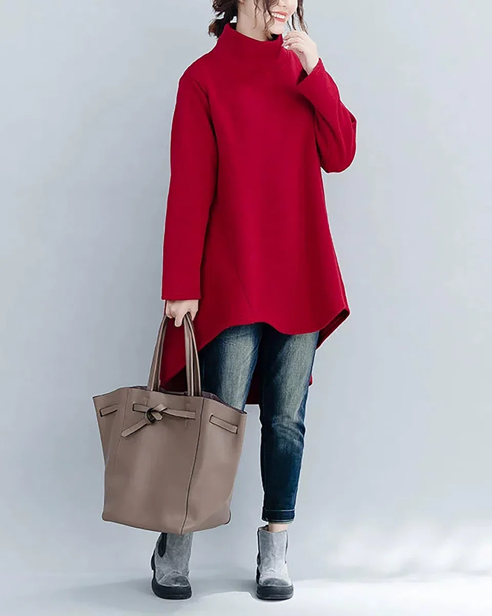 ellazhu Manteau Chemise pour Femmes, col Montant, Manches Longues, Unis, Coupe asymétrique, Ourlet irrégulier, Grande Taille, Maxi, Mode décontractée GZ690
