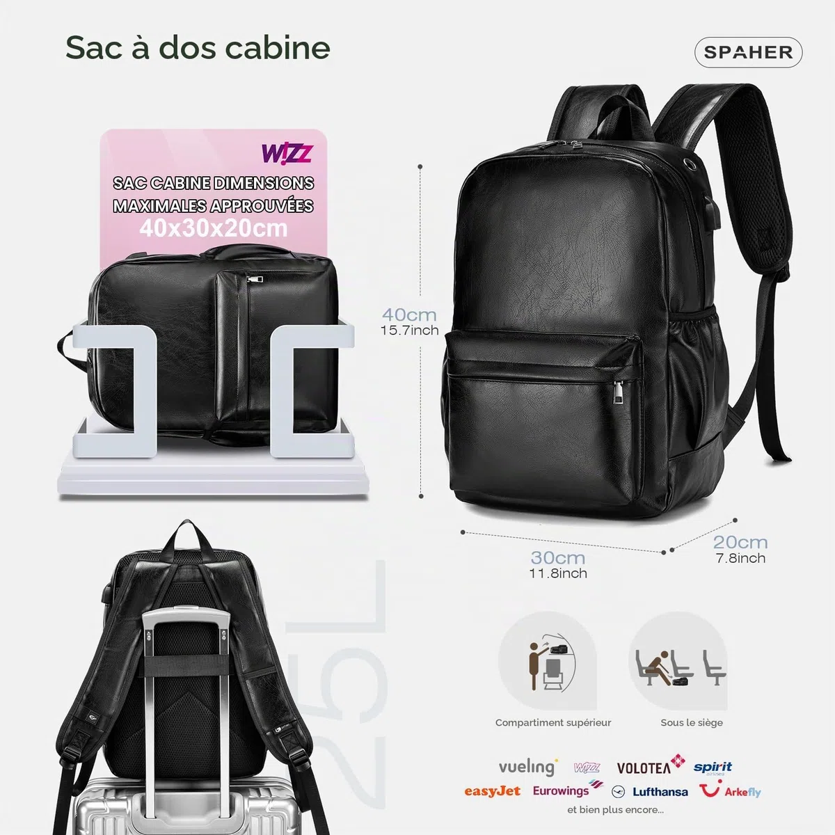 SPAHER Bagage Cabine 40x30x20 Wizzair Vueling 15,6Pouces Sac à Dos en Cuir pour Ordinateur Portable Unisexe Sac d'école Randonnée Voyage Affaires Bagages en Plein air Collège pour Hommes Femmes