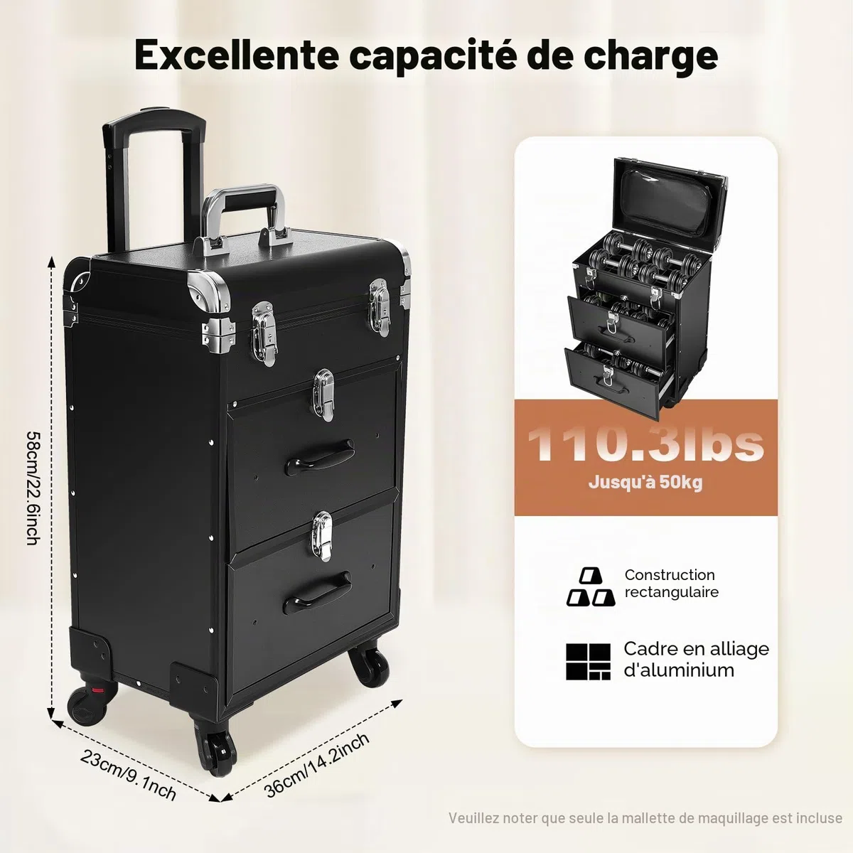 Valise cosmétique à roulettes en aluminium avec serrures - Grande valise de maquillage - Organiseur pour les déplacements - Pour nail art et coiffure - 36 x 23 x 58 cm