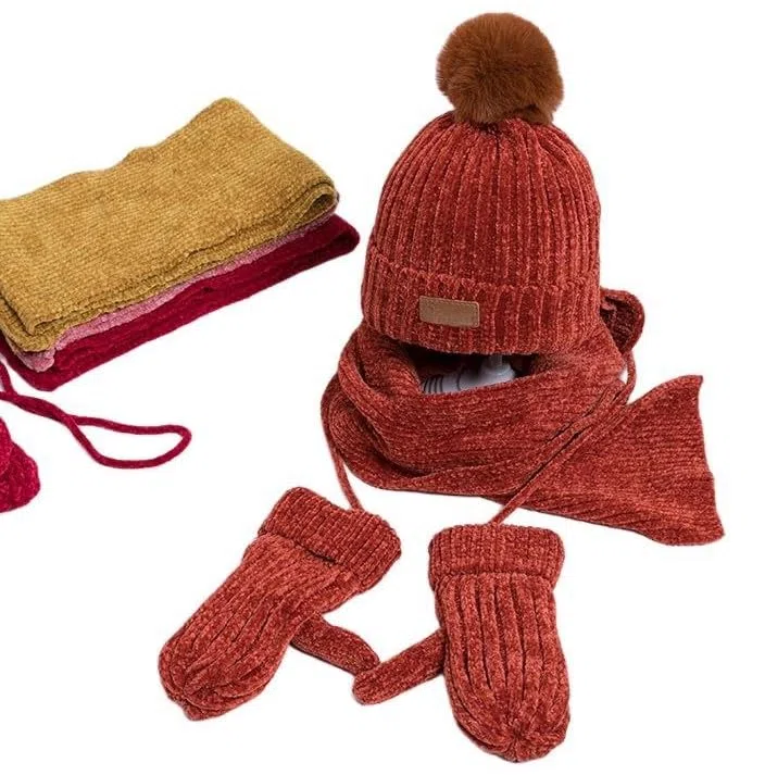 Zonto Bonnet Enfant Hiver Tricoté Chapeau en Toison Chaud De Trois Pièces pour Enfants, Écharpe Et Gants-Kaki