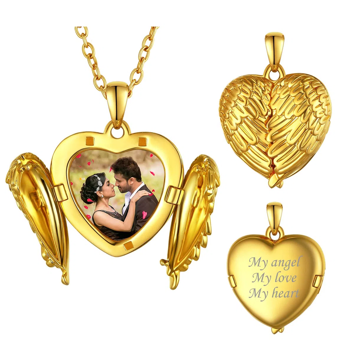 FindChic Personnalisé Photo Collier Coeur pour Femme Cuivre/Acier Inoxydable, Charm Aile d'Ange Pendentif Amour Prénom Personnalisable Enfant Maman Bijoux Noël