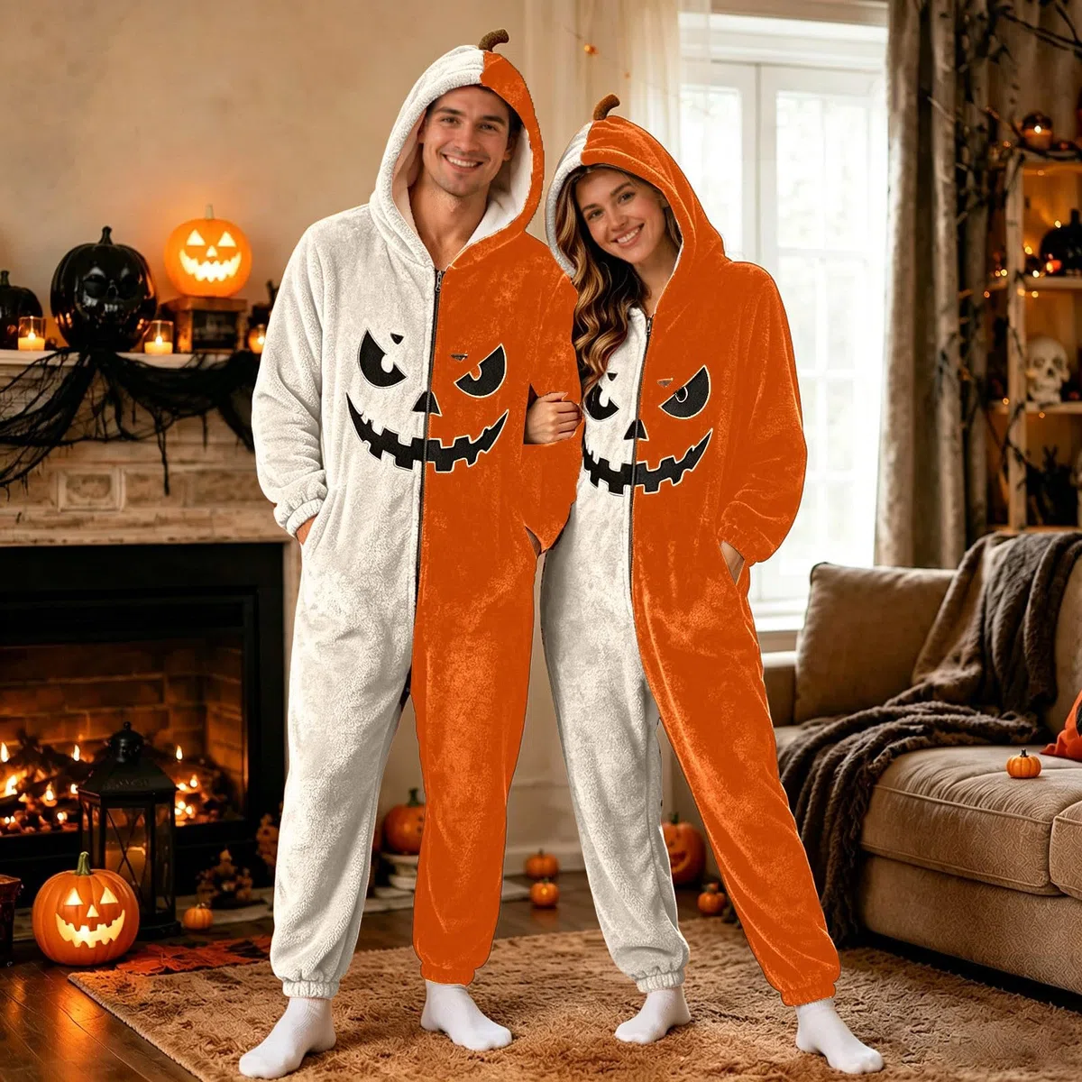 Costume Terrifier Halloween Combinaison Polaire Citrouille Halloween Adulte Adolescent Cosplay Hivernal Confortable Couple Tenue Fantaisie Ensemble Déguisement(Orange,S)