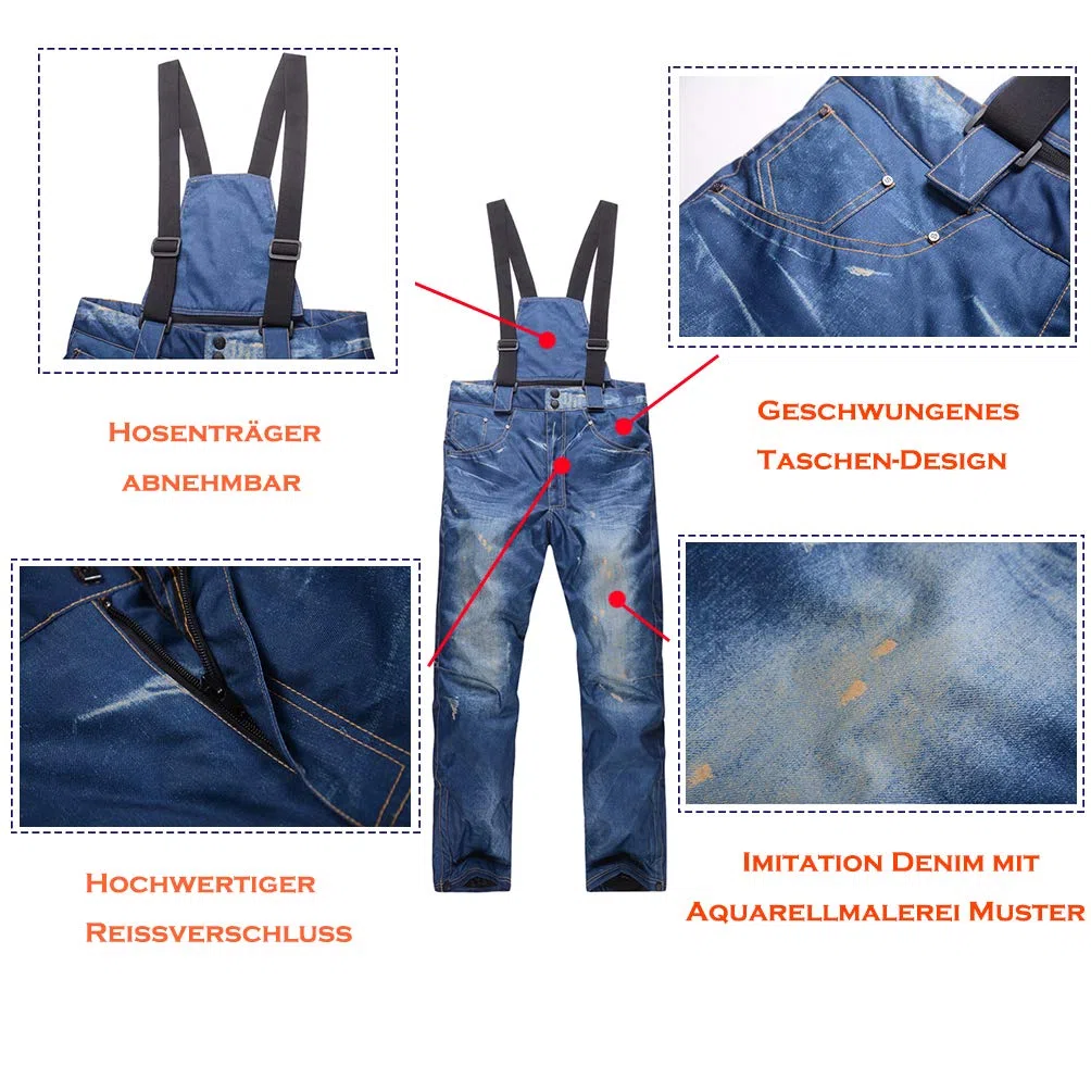 Casual Bretelles de Ski en Jean imperméable et Respirant pour Homme