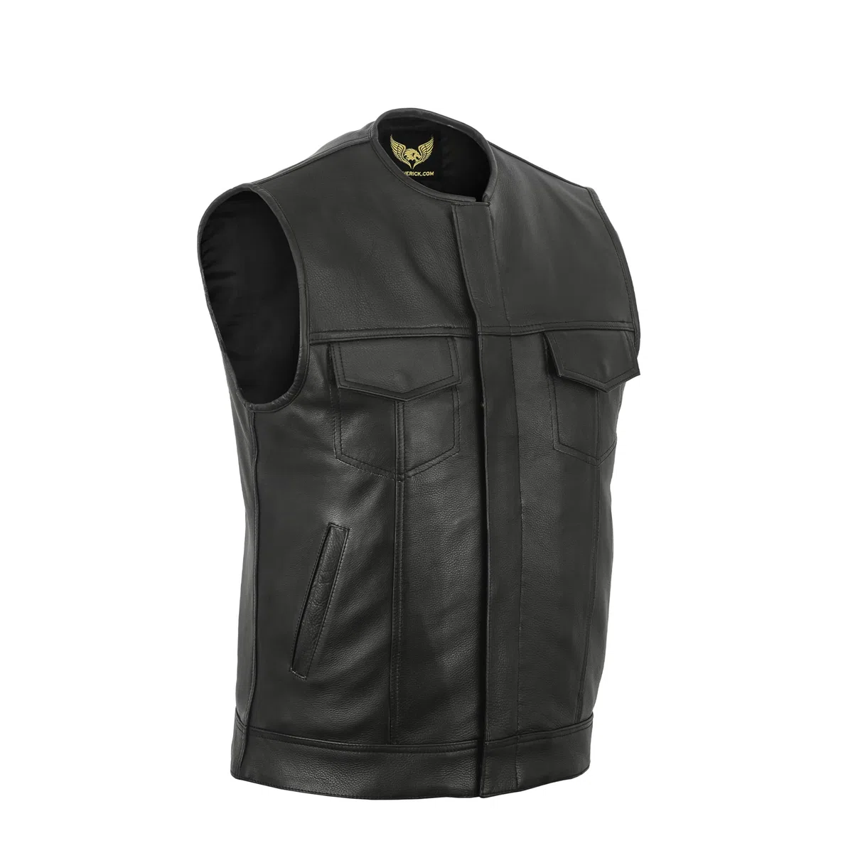 Leatherick Gilet de motard en cuir véritable noir sans col Anarchy Club pour homme de