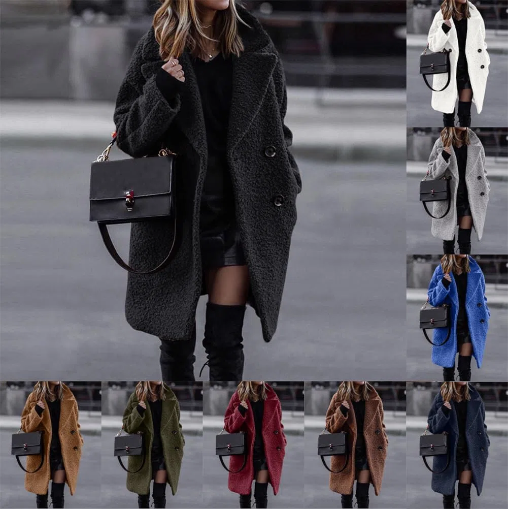 shownicer Manteaux Femme Veste Polaire Fille Mi-Long Vintage Chaude Boutonnage Laine épais Blousons Manche Longue Cardigan Casual Mode Hiver Outerwear Automne Hiver