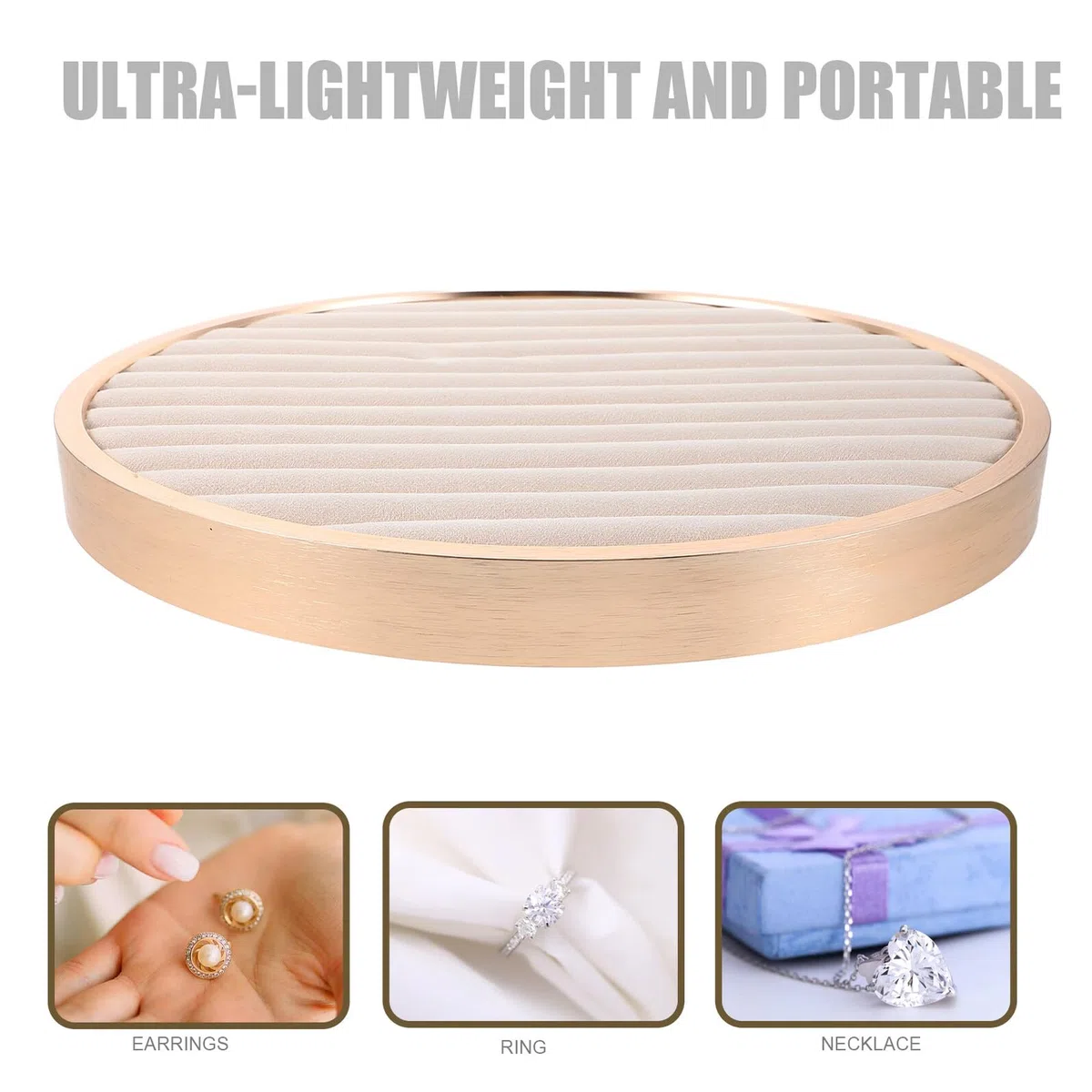 VANZACK Plateau Bijoux Rond Beige Velours pour Collier et Bracelet Présentoir Bijoux Polyvalent Organiseur Élégant pour Bagues et Boucles Oreilles Plateau de Rangement Compact pour