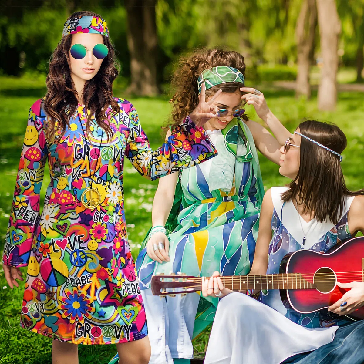 Robe hippie des années 70, collier, boucles d'oreilles, lunettes de soleil, tenue disco pour femme, costume de fête des années 60, robes rétro d'Halloween