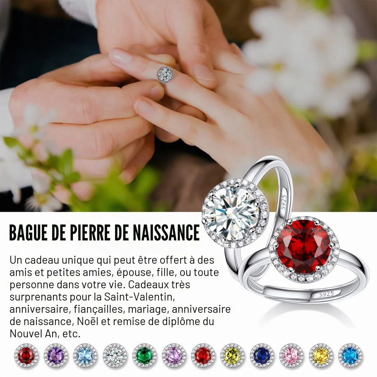Bestyle Bague pour Femme en Argent S925 Ronde, Bague de Fiançailles Alliance Bague Réglable en Pierre de Naissance en Zircon Blanc Cadeau d'Anniversaire