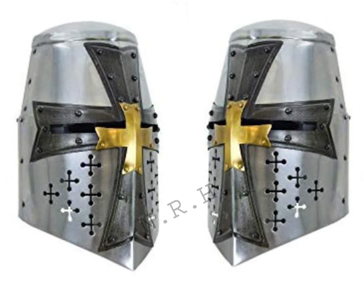 Casque médiéval Crusader Templier Great Heaum Armour réplique européenne sur support en bois
