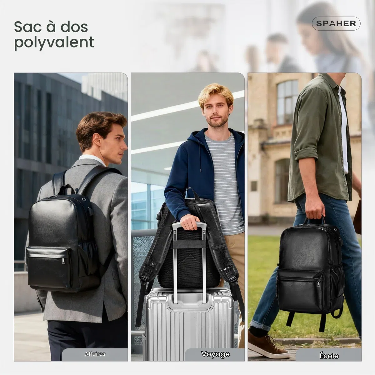 SPAHER Bagage Cabine 40x30x20 Wizzair Vueling 15,6Pouces Sac à Dos en Cuir pour Ordinateur Portable Unisexe Sac d'école Randonnée Voyage Affaires Bagages en Plein air Collège pour Hommes Femmes