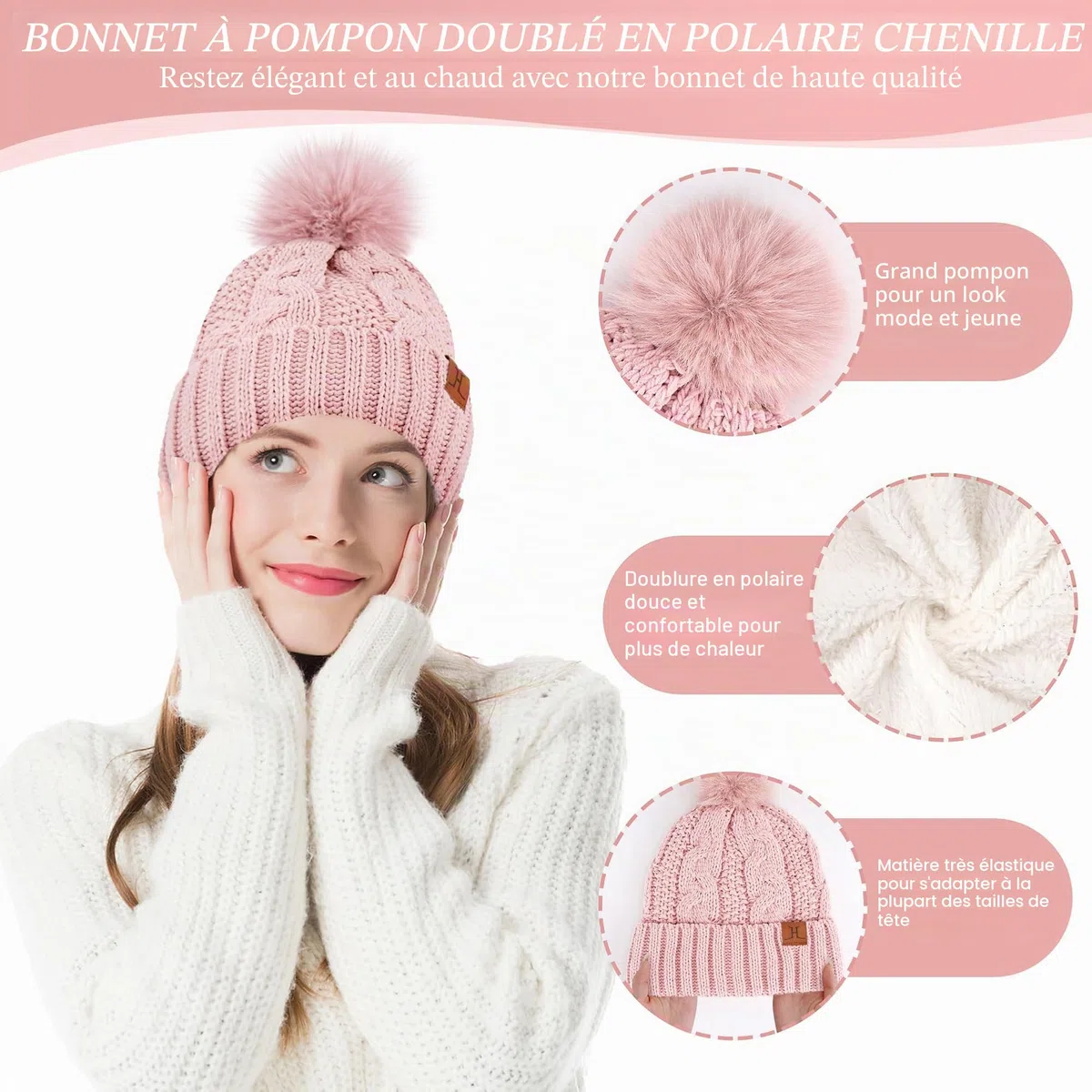 ZASFOU Femme Hiver Bonnet Chapeau Foulard Écran Tactile Gants Ensemble Chenille Pompon Tricot Polaire Doublé Casquette Écharpe Gant Cadeaux pour Femmes