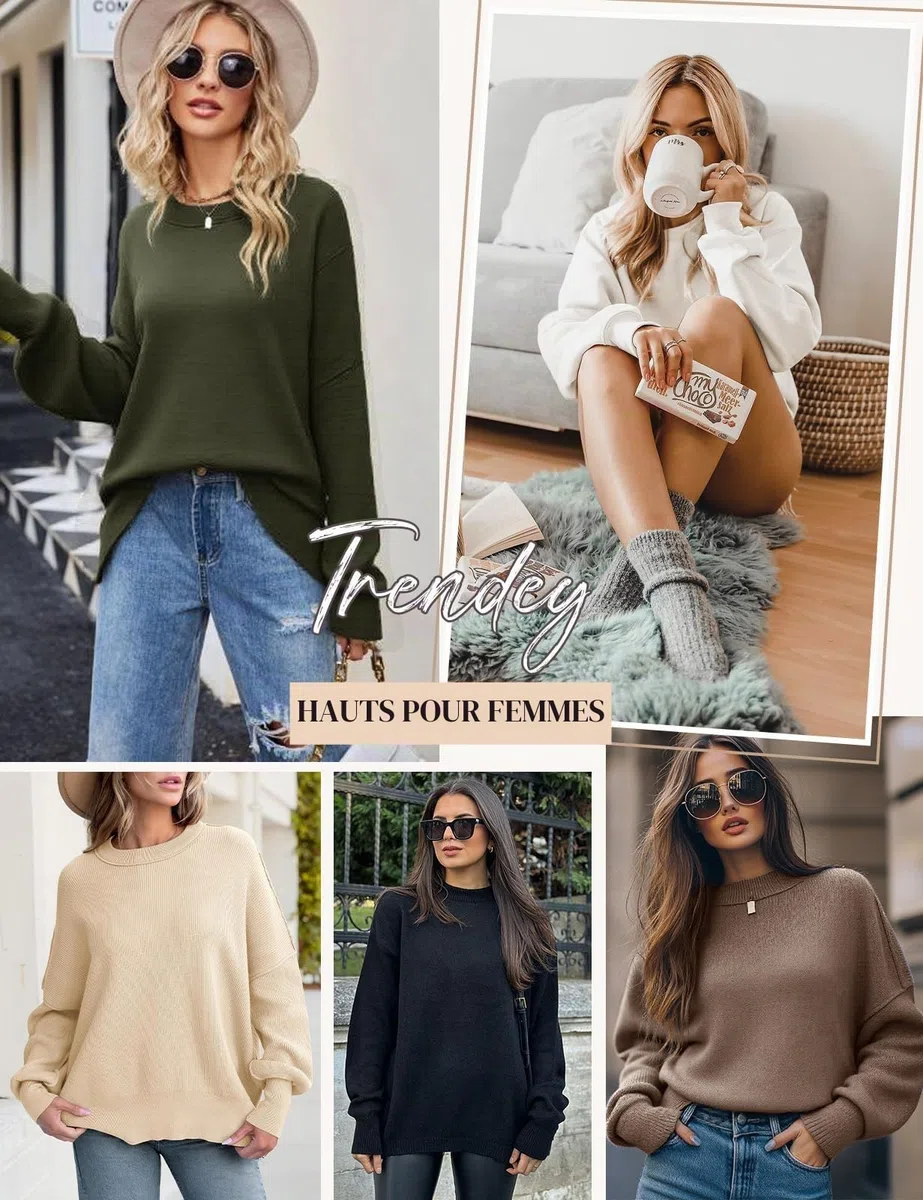 CMTOP Pull Femme Hiver Chic et Elegant Oversize Pull Chaud Décontracté Manches Longues Col Rond Pullover Tricot Sweat Haut Thermique Automne