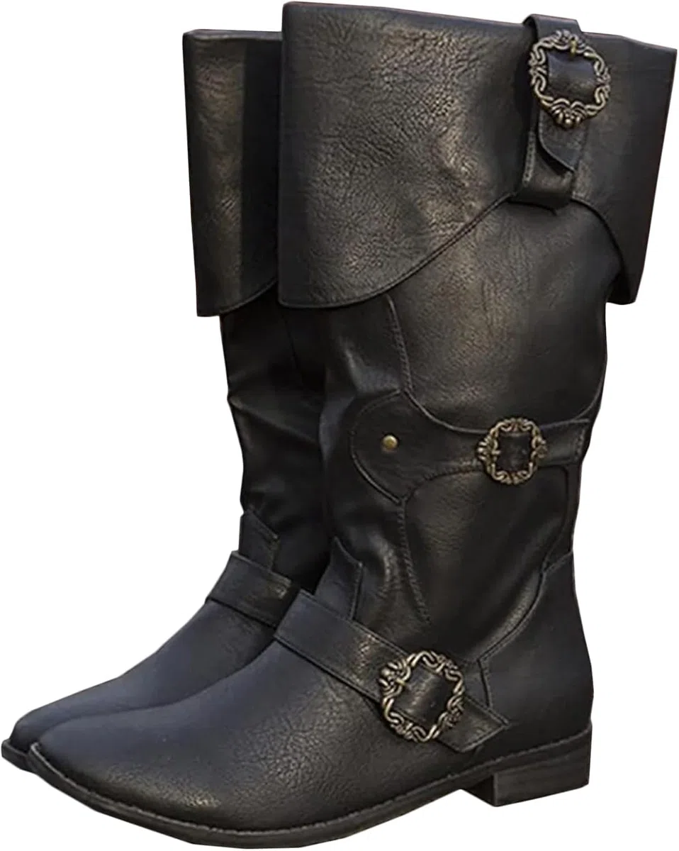 Bottes de Chevalier médiévales pour Adultes Cosplay - Rétro Chaussures à Manches Longues en Cuir - Bottes en Cuir synthétique Renaissance Grande Taille Chaussures avec Boucle de Ceinture