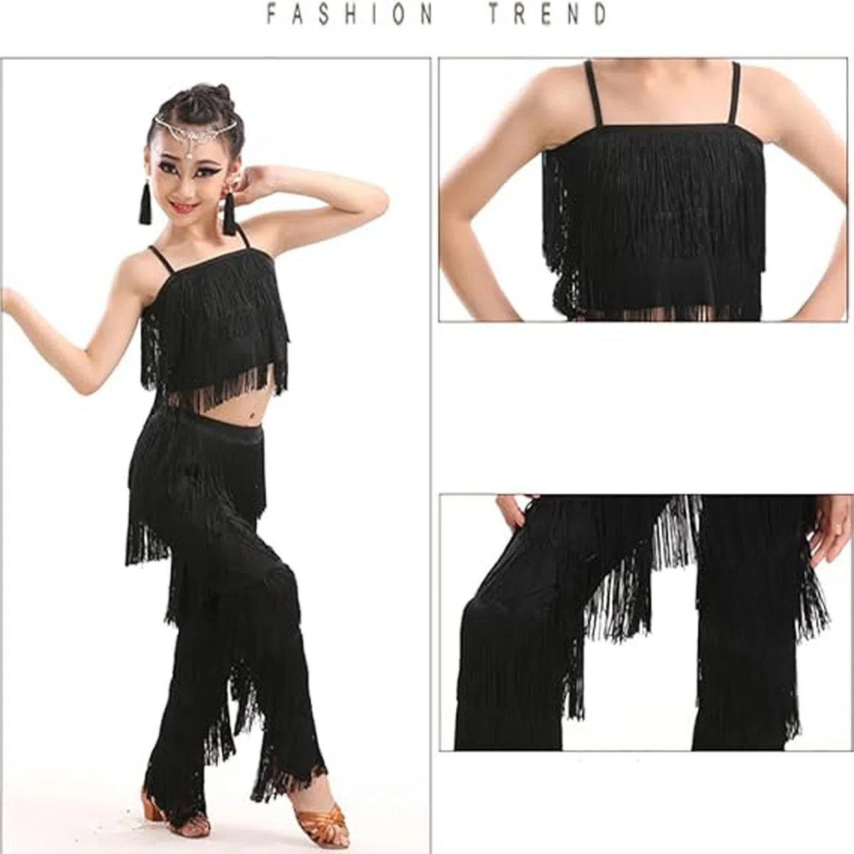 Generisch Tenue de performance pour costume de danse avec combinaison à bretelles unies à franges, vêtement idéal pour spectacle de scène de 3 à 14 ans