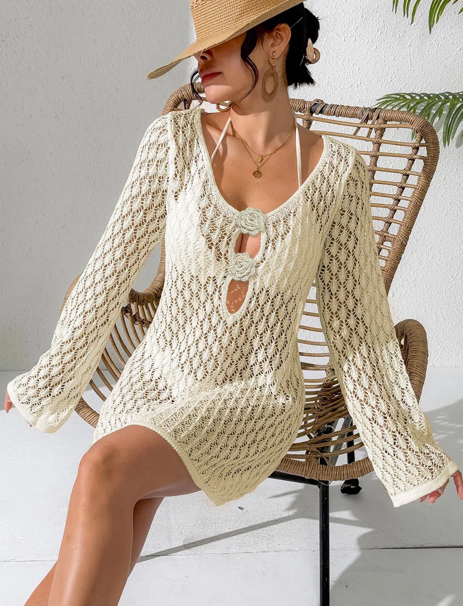 FEOYA Robe de Plage Femme Crochet Maillots de Bain Cover Up Bohême Paréo Ete Tunique Col V Bikini Cover Up Beachwear