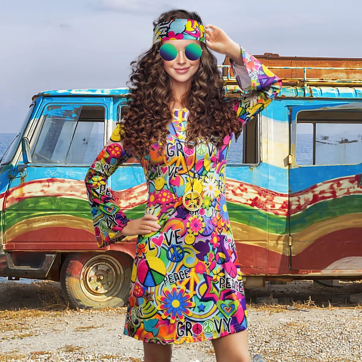 Robe hippie des années 70, collier, boucles d'oreilles, lunettes de soleil, tenue disco pour femme, costume de fête des années 60, robes rétro d'Halloween