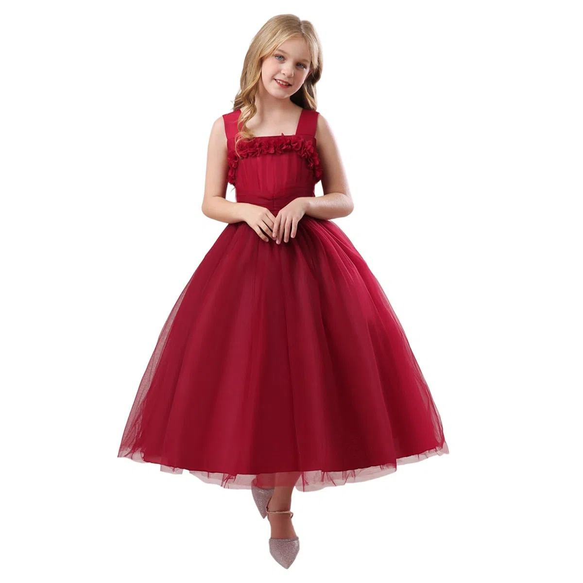 Élégante robe de fête tutu sans manches pour fille avec jupe superposée fluide - Convient aux enfants plus grands.