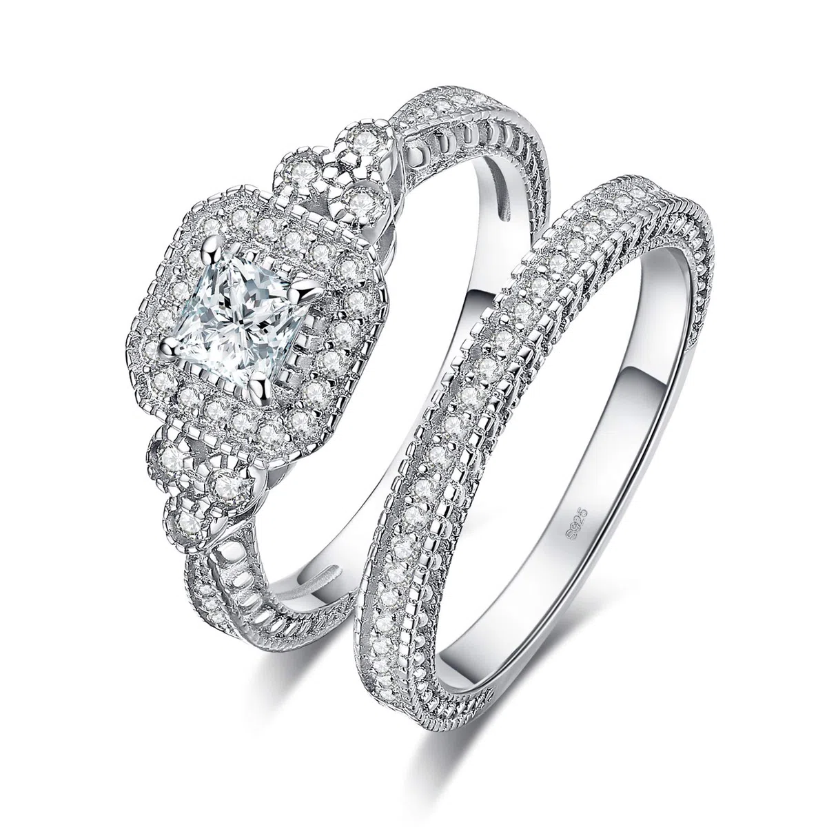 JewelryPalace Infini Empilable Bague Taille Princess Émeraude Pierre Argent 925 Femme, Classic Cubic Zirconia Bague Fiançailles Promise Anneau Alliance Plaqué Or Jaune Or Rose, Ensemble Bijoux Mariage