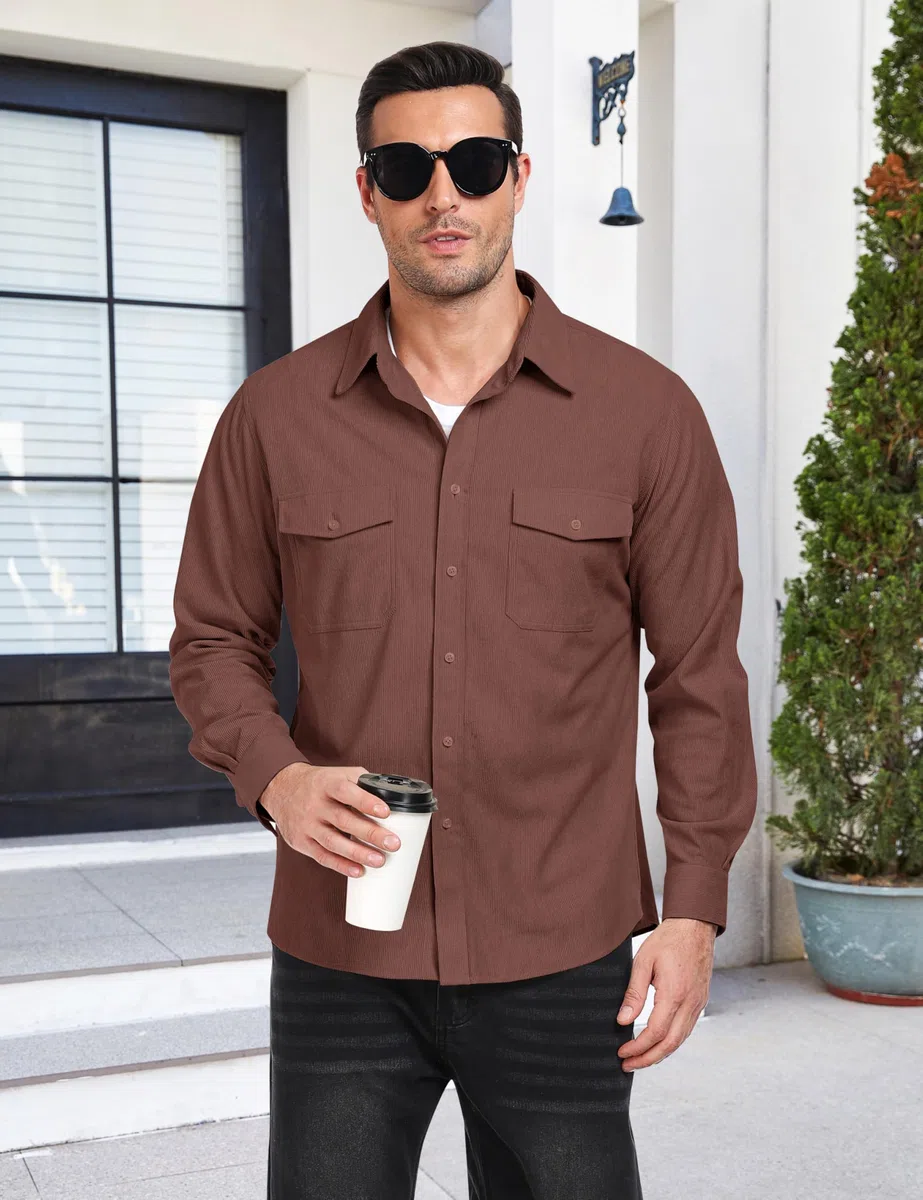 MoFiz Chemise en Velours Côtelé Homme Veste Chemise Boutonnée à Manches Longues Chaude Décontracté Haut Automne Hiver avec Poches