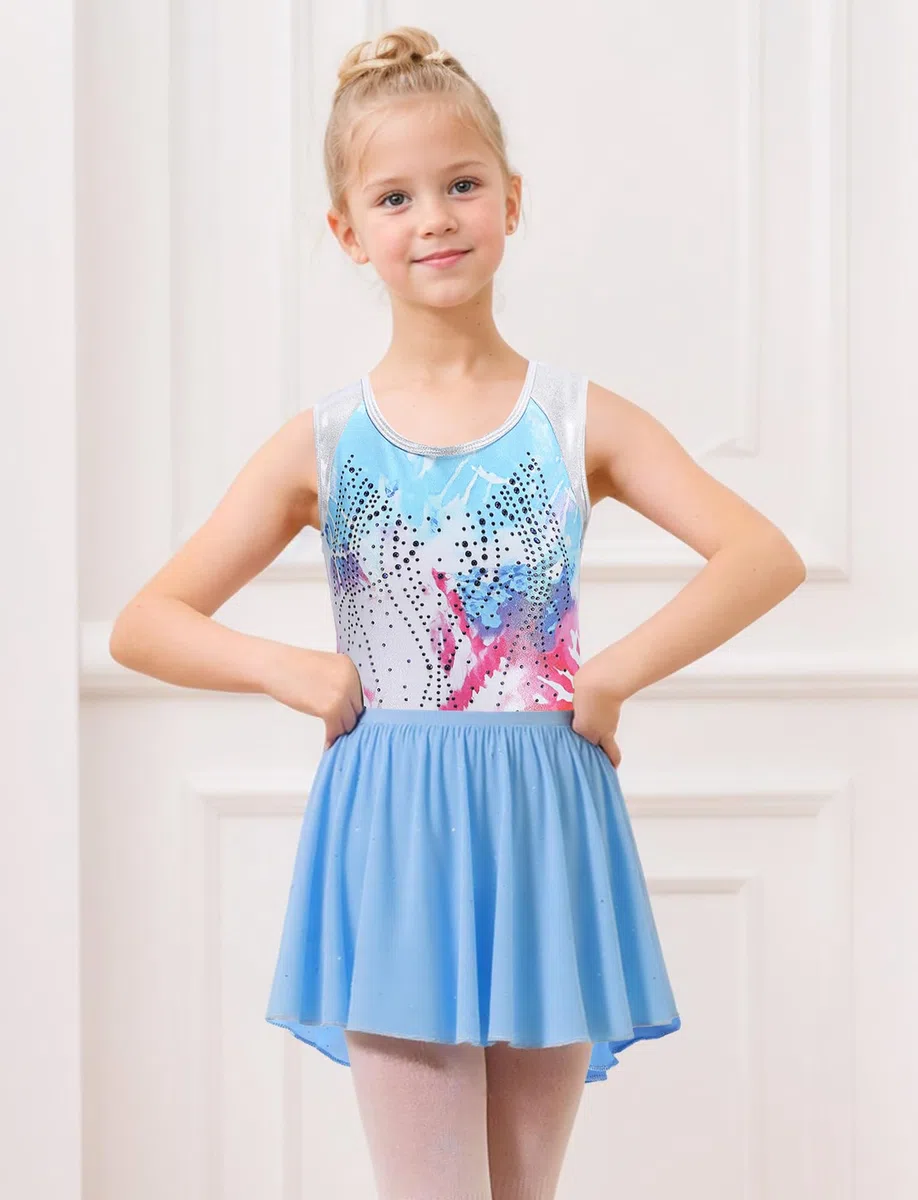 Justaucorps de gymnastique 3 pièces pour fille - Sans manches - Strass brillants - Combinaison avec jupe amovible