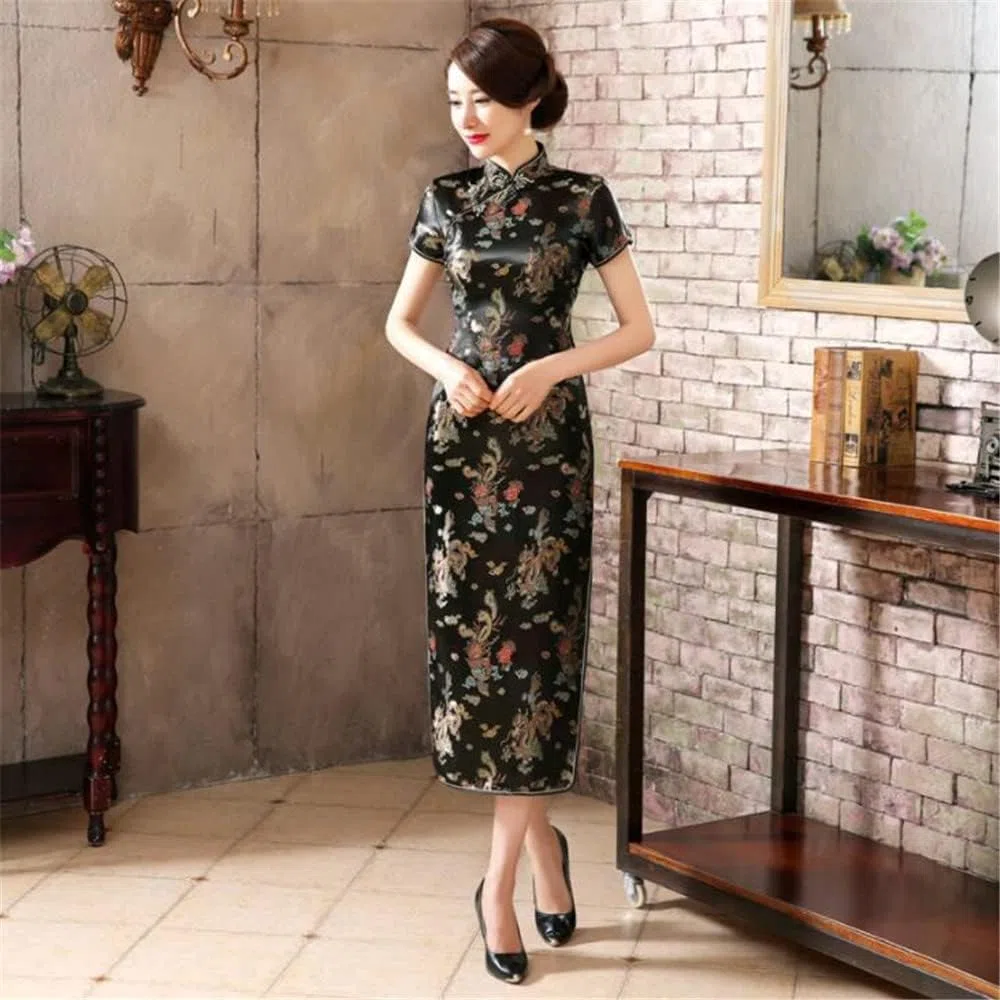 Black Sugar Robe Qipao Courte et Long à Petites Manches et Motif Dragon Brocart Cheongsam Tunique