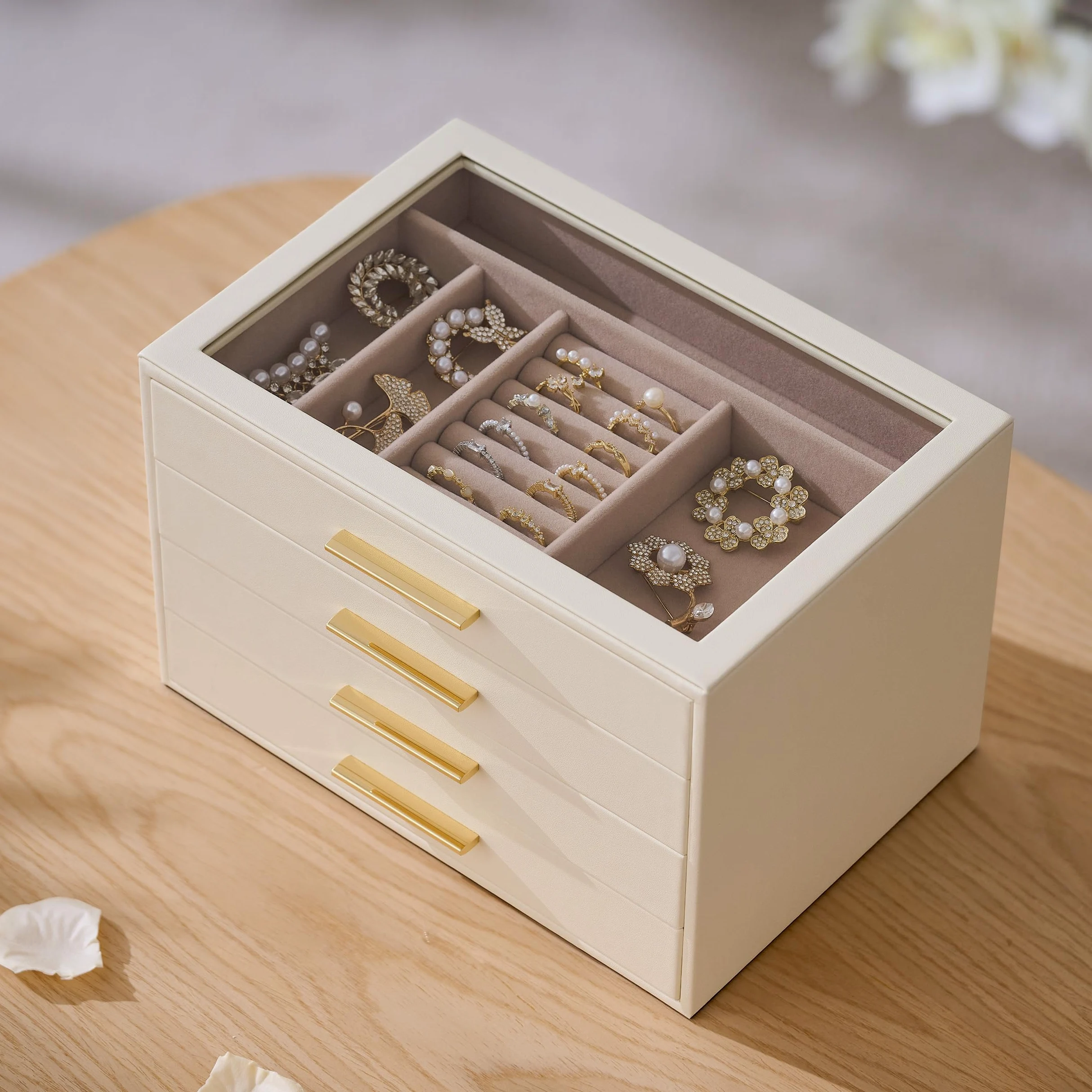 Boîte à bijoux de rangement, 4 couches avec fenêtre en verre, blanc
