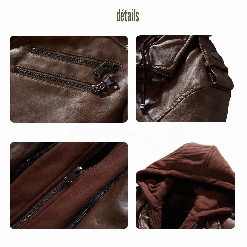 Veste en Cuir pour Homme, Moto Décontractée à Capuche, Faux Deux Pièces, Automne et Hiver, Khaki-L