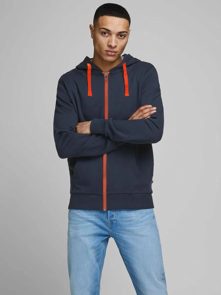 JACK & JONES Sweat à Capuche zippé JJEHOLMEN pour Homme, Bleu (Navy Blazer - Shocking Orange/Reg Fit), M
