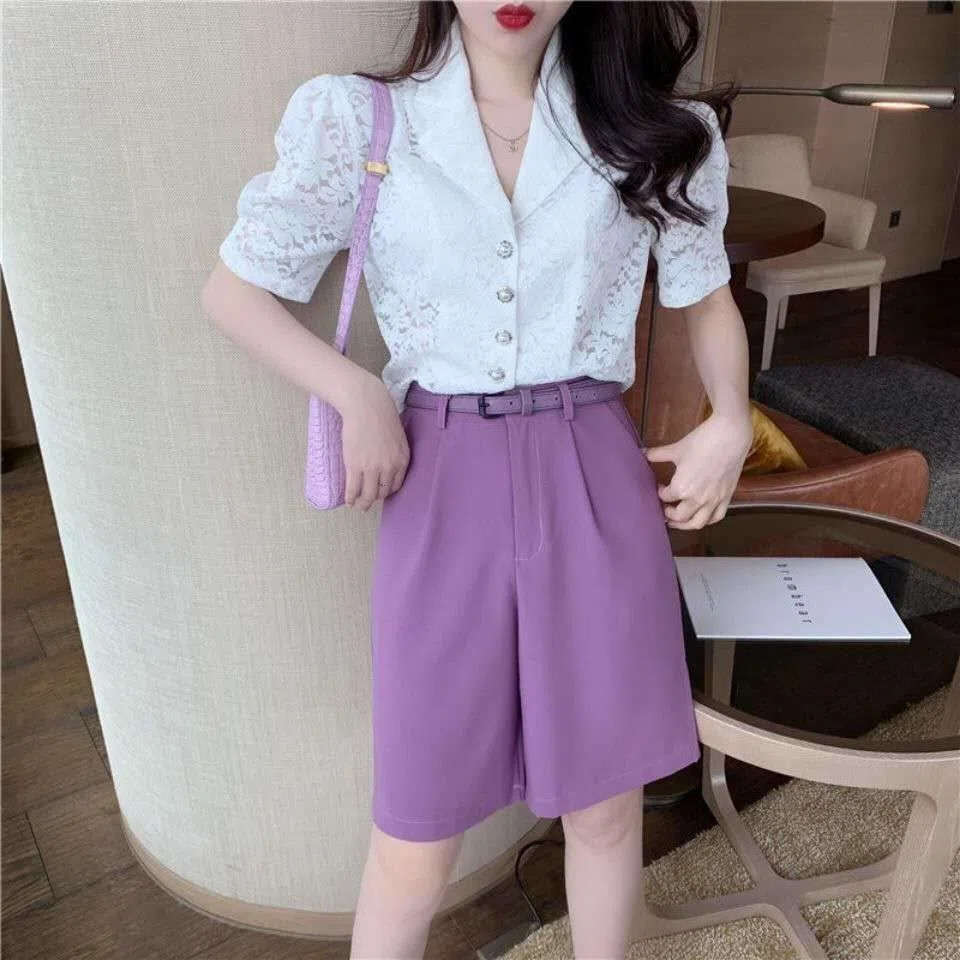 Short Femmes Couleur Solide Haute Taille Tout-Match Five Points Suit Shorts avec Ceinture