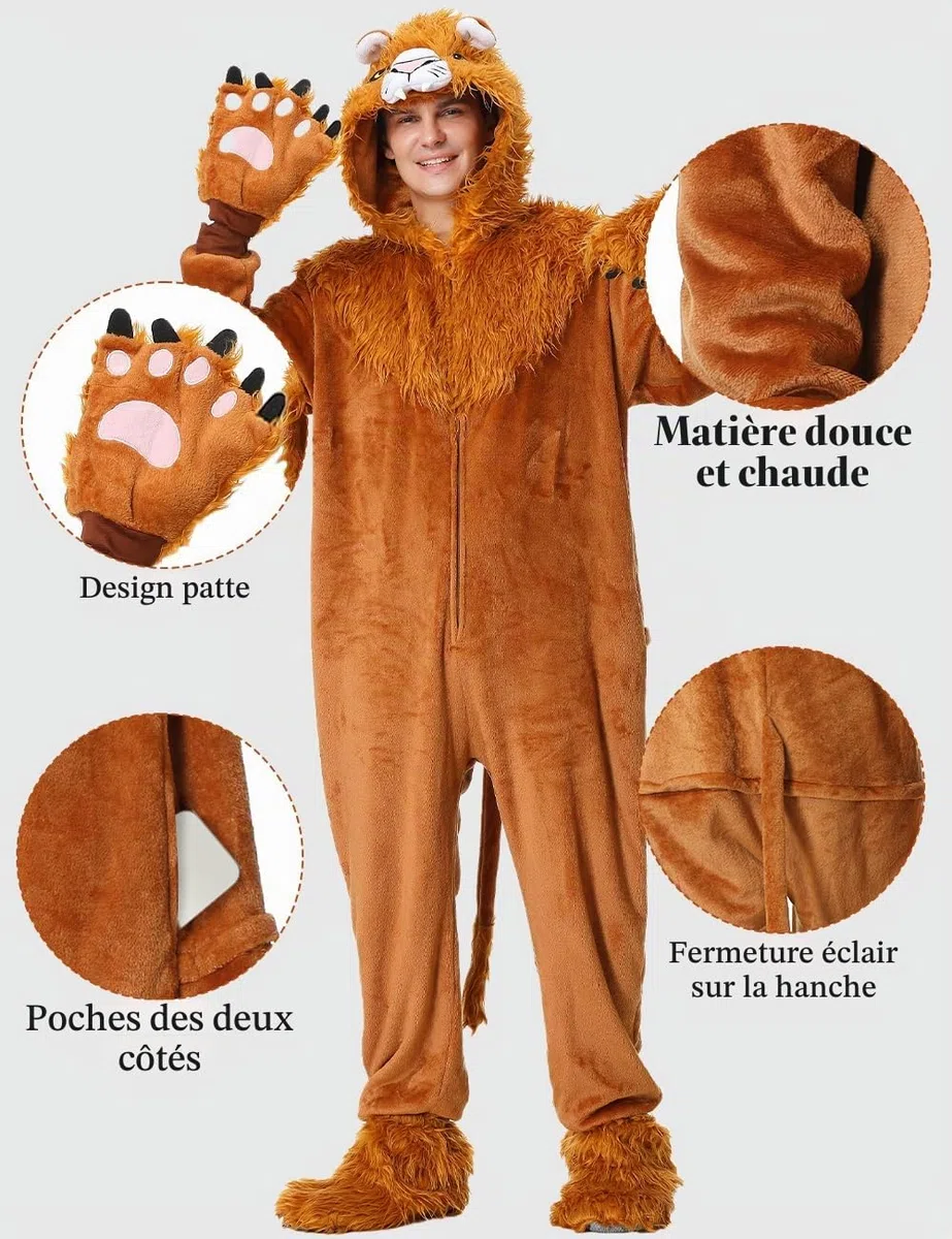 Costume de Lion Adulte Animal Onepiece Unisex Lion Pajamas Halloween Party Onesie Cosplay Dress Up Jumpsuit for Men Women