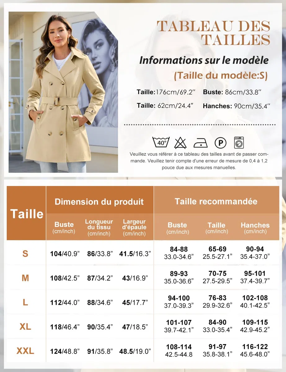 Tuopuda Trench-Coat Femme Double Boutonnage Manteaux imperméables Longues Col Rabattu Classique Coupe Vent Veste Léger Casual Ajustée Manteaux
