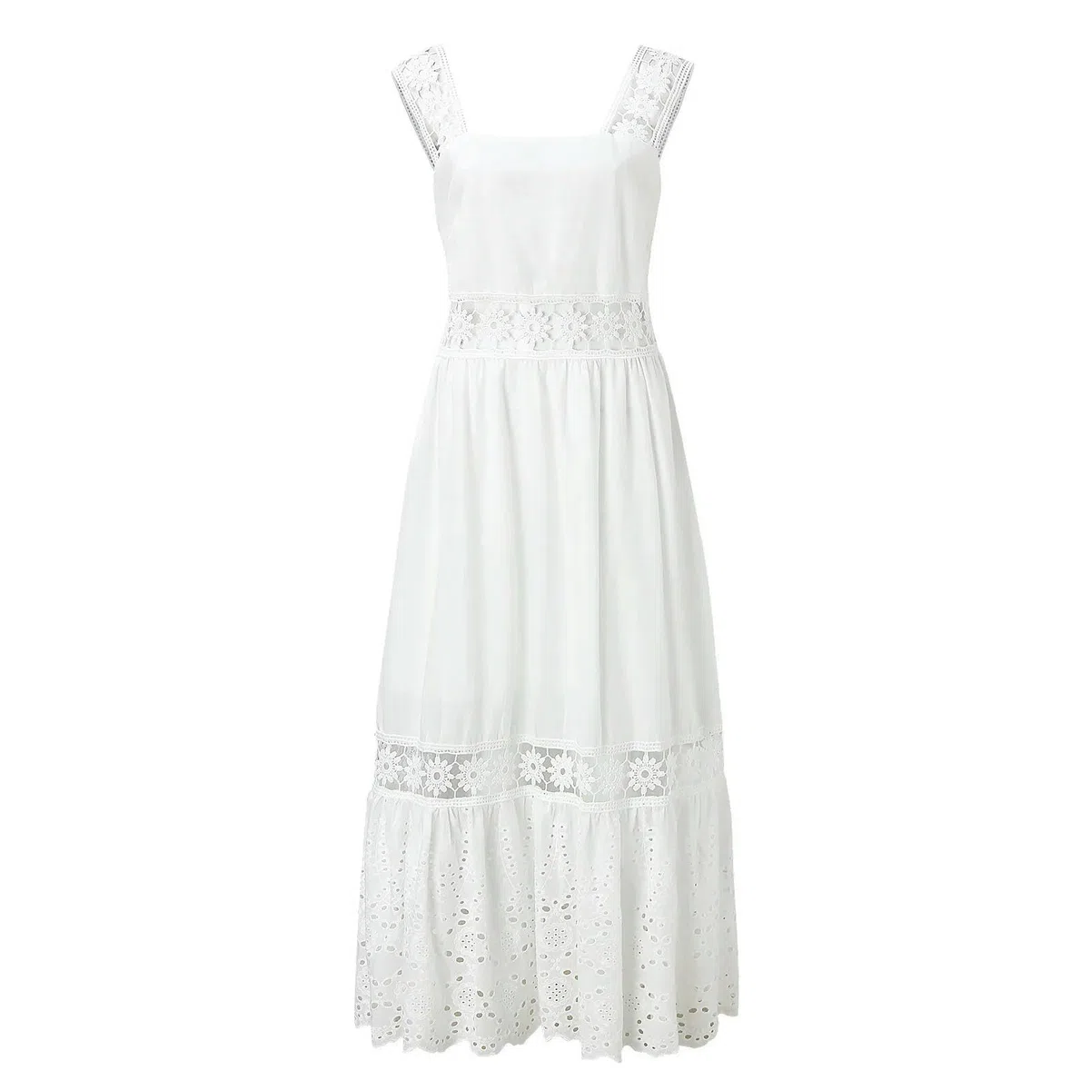 ARESU Dentelle Crochet Évider Robes Blanches Femmes sans Manches Dos Nu Vacances Décontracté Boho Robe Dames Lâche Plage Maxi Robe en Coton-Blanc-M