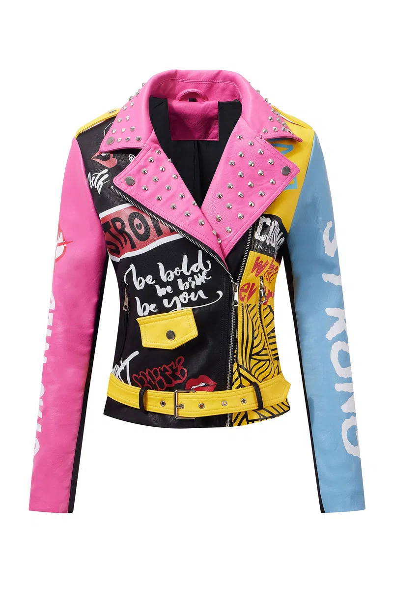 RISISSIDA Veste de moto streetwear tendance en cuir synthétique clouté avec ceinture Printemps, automne, hiver Pour femme