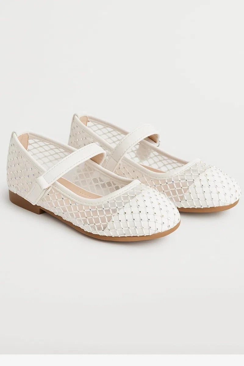 SIRRI Ballerines Mary Jane en Maille Ivoire pour Filles, Chaussures à Brides Auto-agrippantes et cloutées